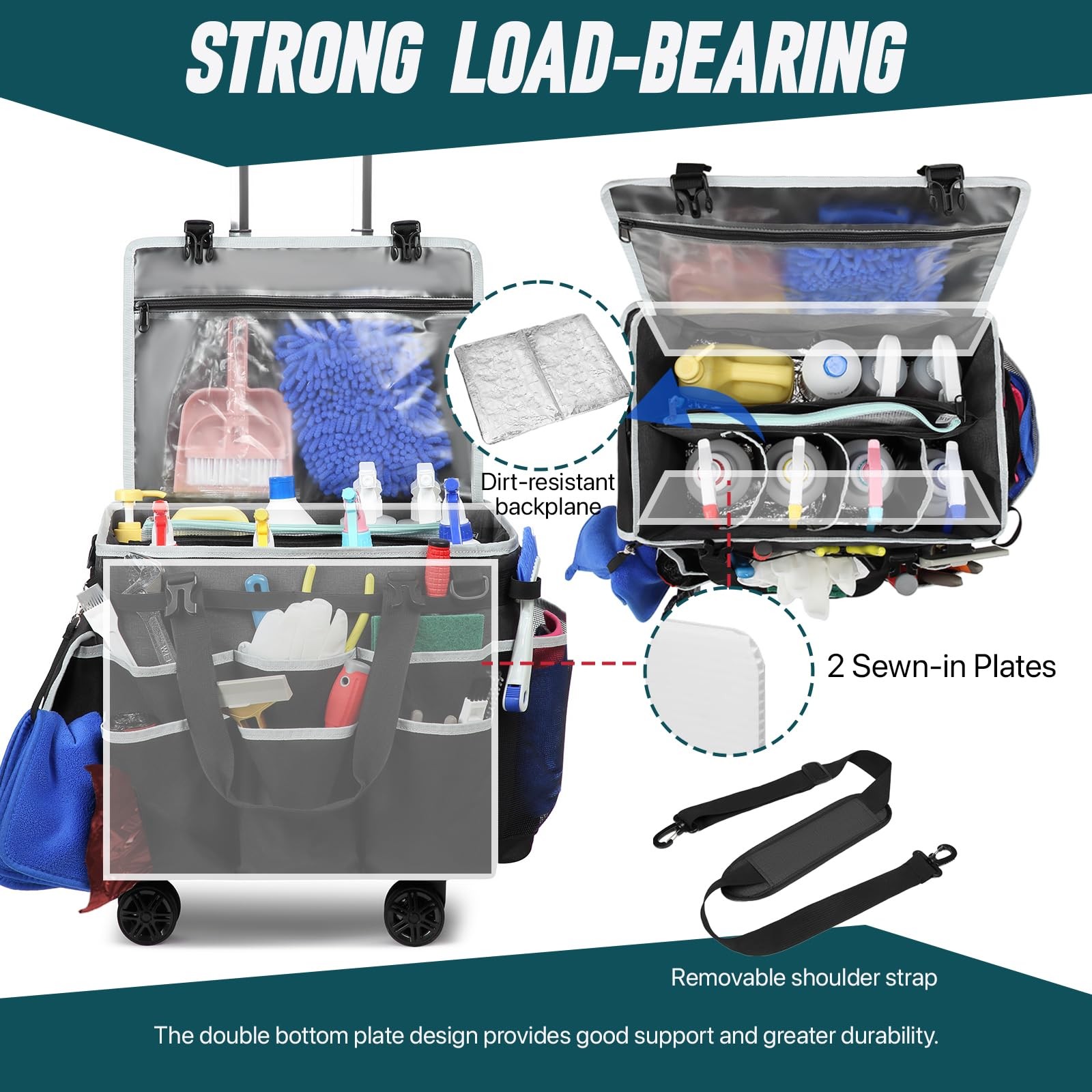Large Rolling Cleaning Caddy Bag with Detachable Trolley, Full Support Plates…