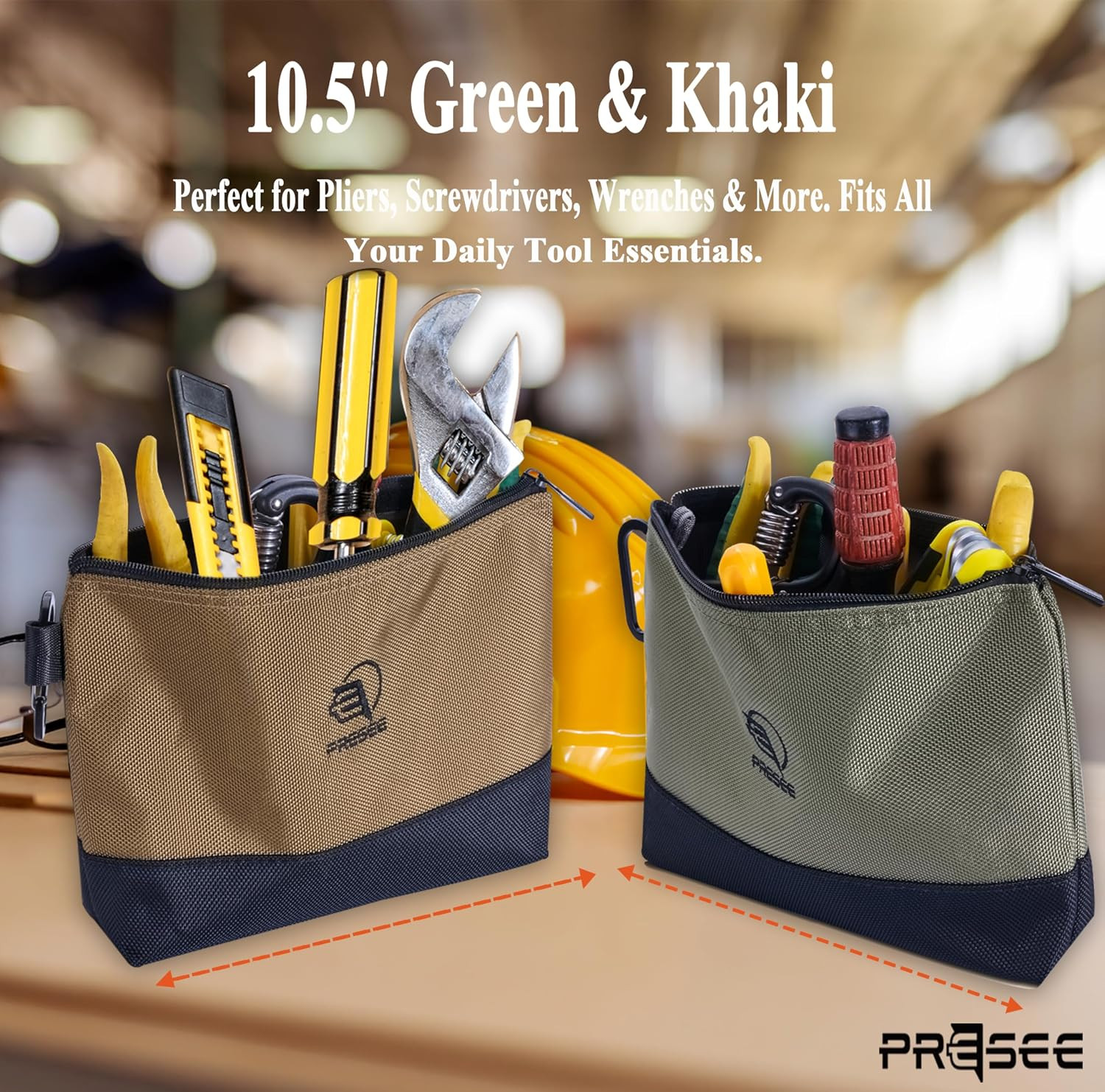 2-Pack 10.5″ Heavy-Duty Tool Pouch, 1680D Nylon, Zipper, Green Khaki