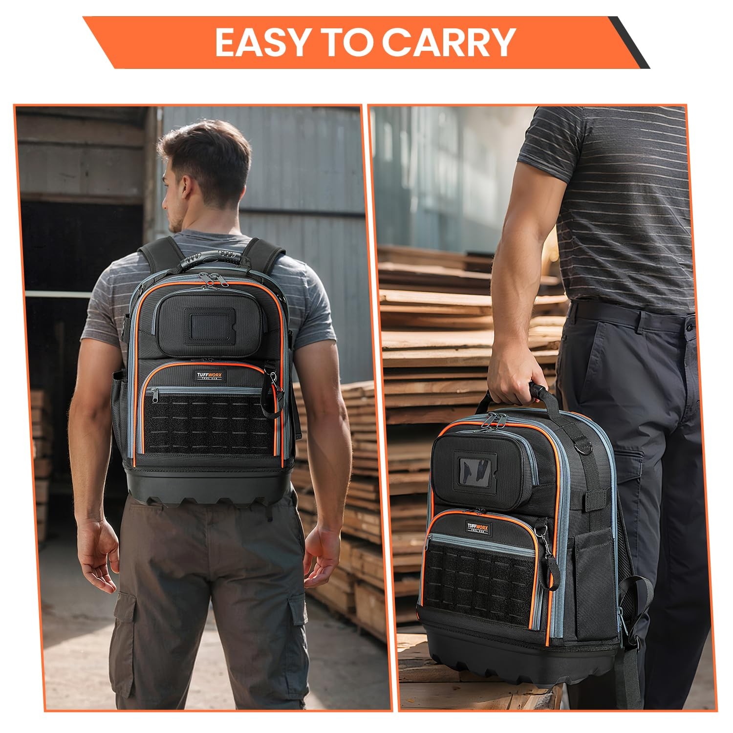 Tool Backpack, 35 Pockets, 18.5 x 13.7 x 7.8 Inches, Black and Orange, Water-…