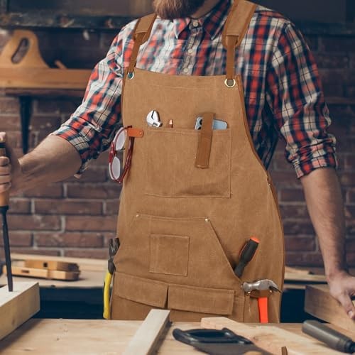 Men’s Canvas Tool Apron, Heavy Duty Multi-Pocket Work Apron for Khaki