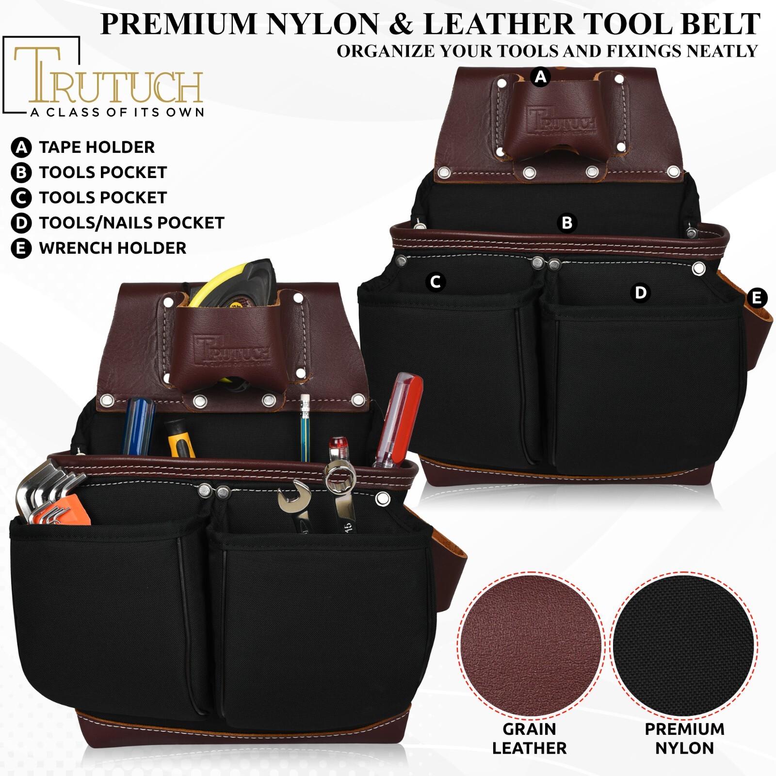 TRUTUCH Black Nylon & Leather Tool Belt with Nylon Work Suspender | Tool Belts