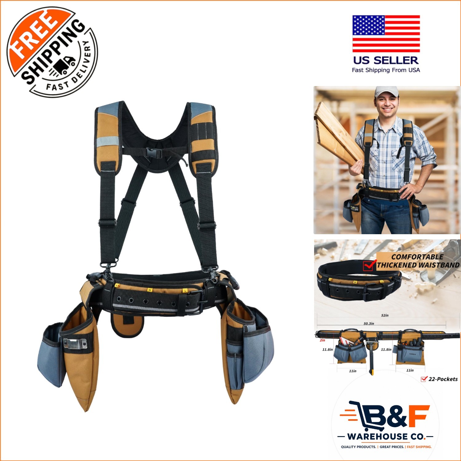 Durable Adjustable Carpenter Tool Rig – Khaki Belt with 6 Pockets (Up to 50 in)