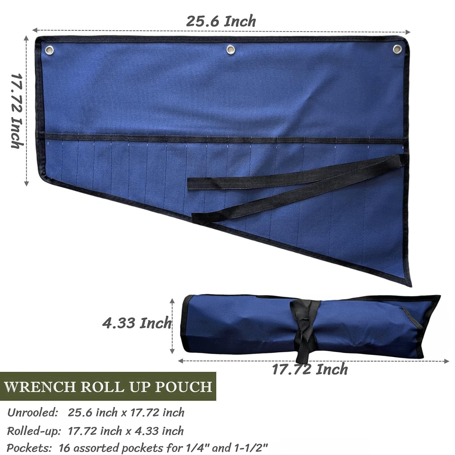Blue 16 Pockets Wrench Roll Up Pouch Tool Storage Organizer Case with Wrench
