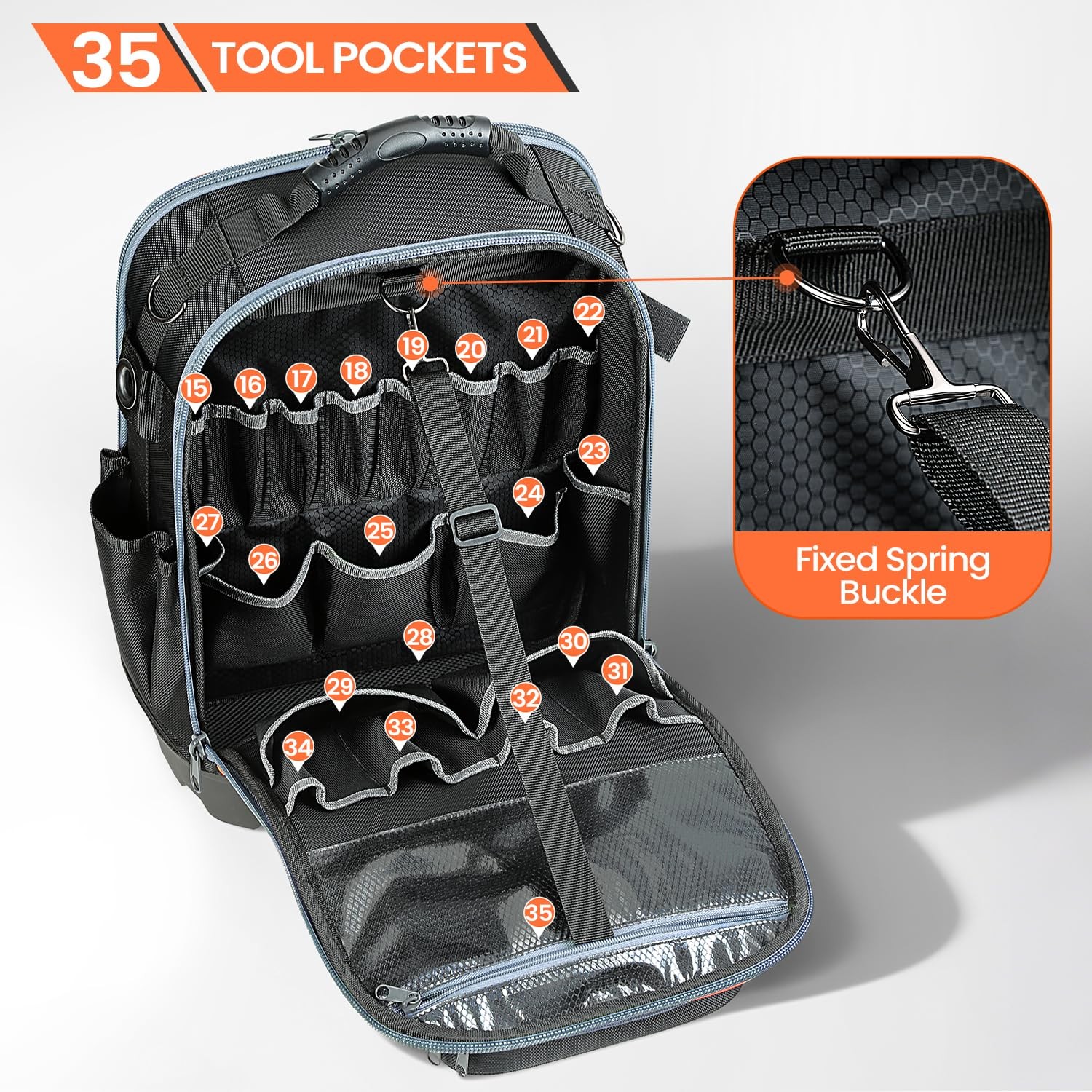 Tool Backpack, 35 Pockets, 18.5 x 13.7 x 7.8 Inches, Black and Orange, Water-…