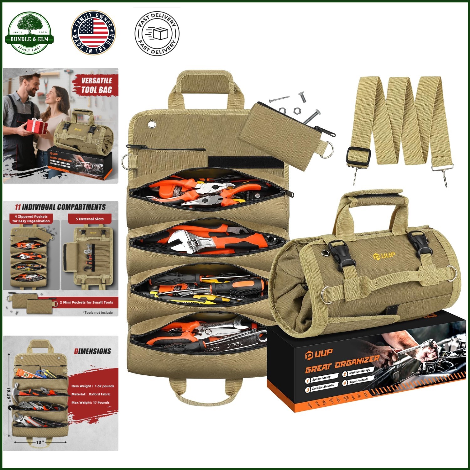 Waterproof Tool Roll Bag with Detachable Pouches for Mechanics & DIY Enthusiasts
