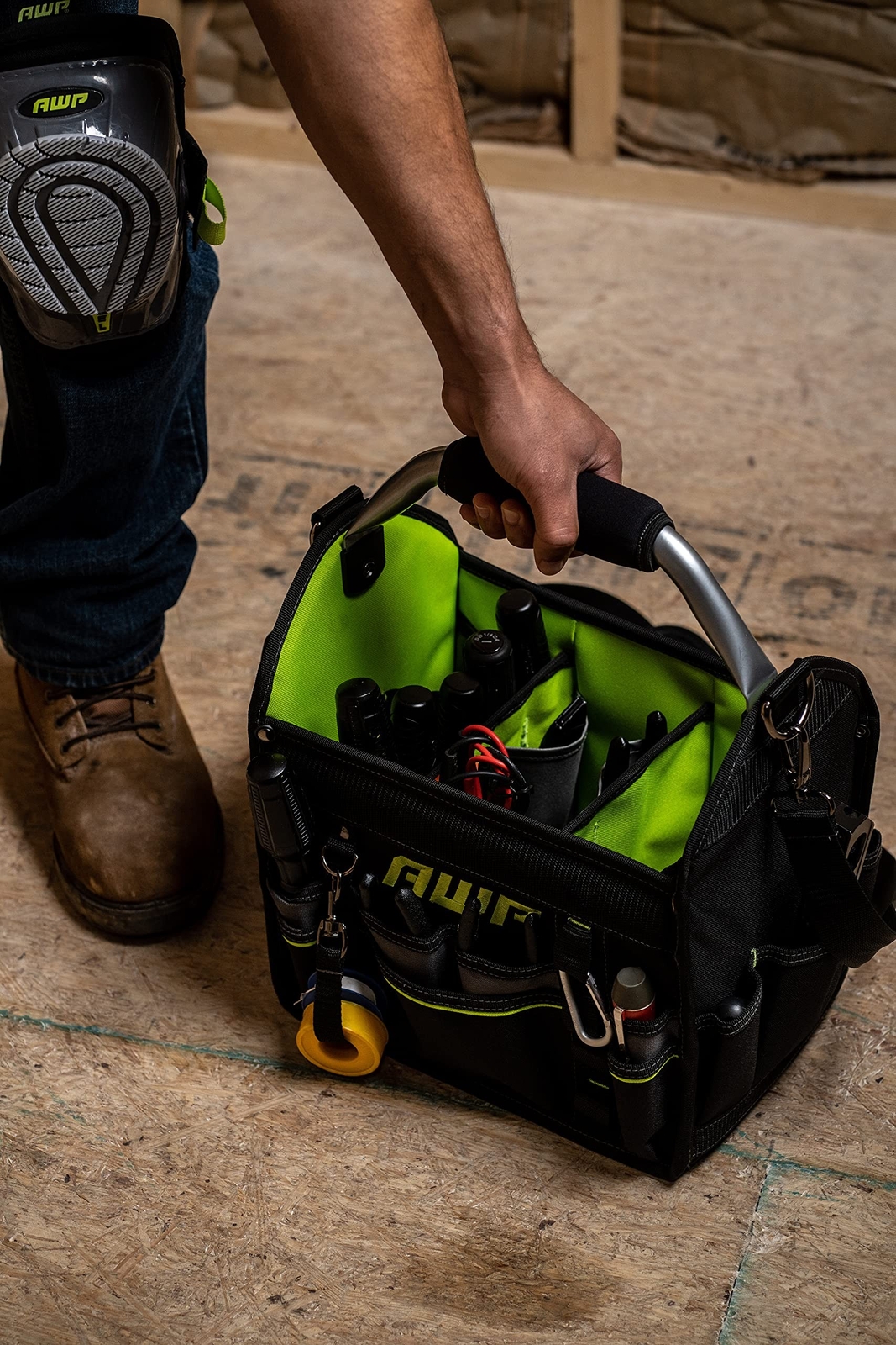 AWP 12 Inch Pro Tool Tote with Rotating Handle for Easy Tool Access, Water-Re…