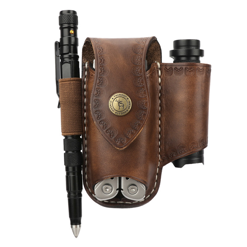 TOURBON 3-in-1 Leather Knife EDC Pliers Belt Pouch Camping Tool Clip Sheath US