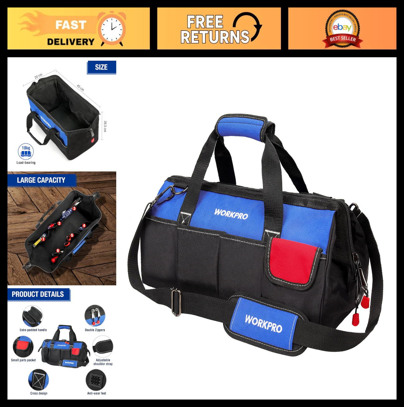 18″ Wide Mouth Tool Bag with Adjustable Shoulder Strap & Sturdy Bottom – Storage