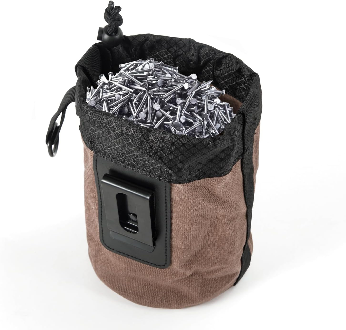 Nail/Screw Work Pouch，Tightening Soft Bag with Drawstring Metal Clip-On Tool Pou