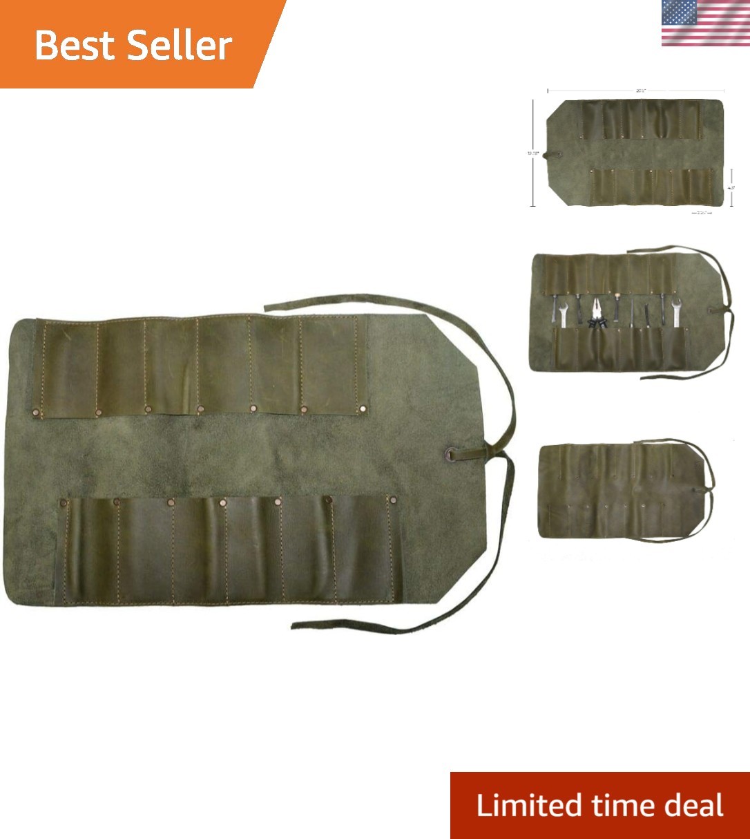 Durable Dark Jade Leather Tool Roll with 12 Slots for Craftsmen & Travelers