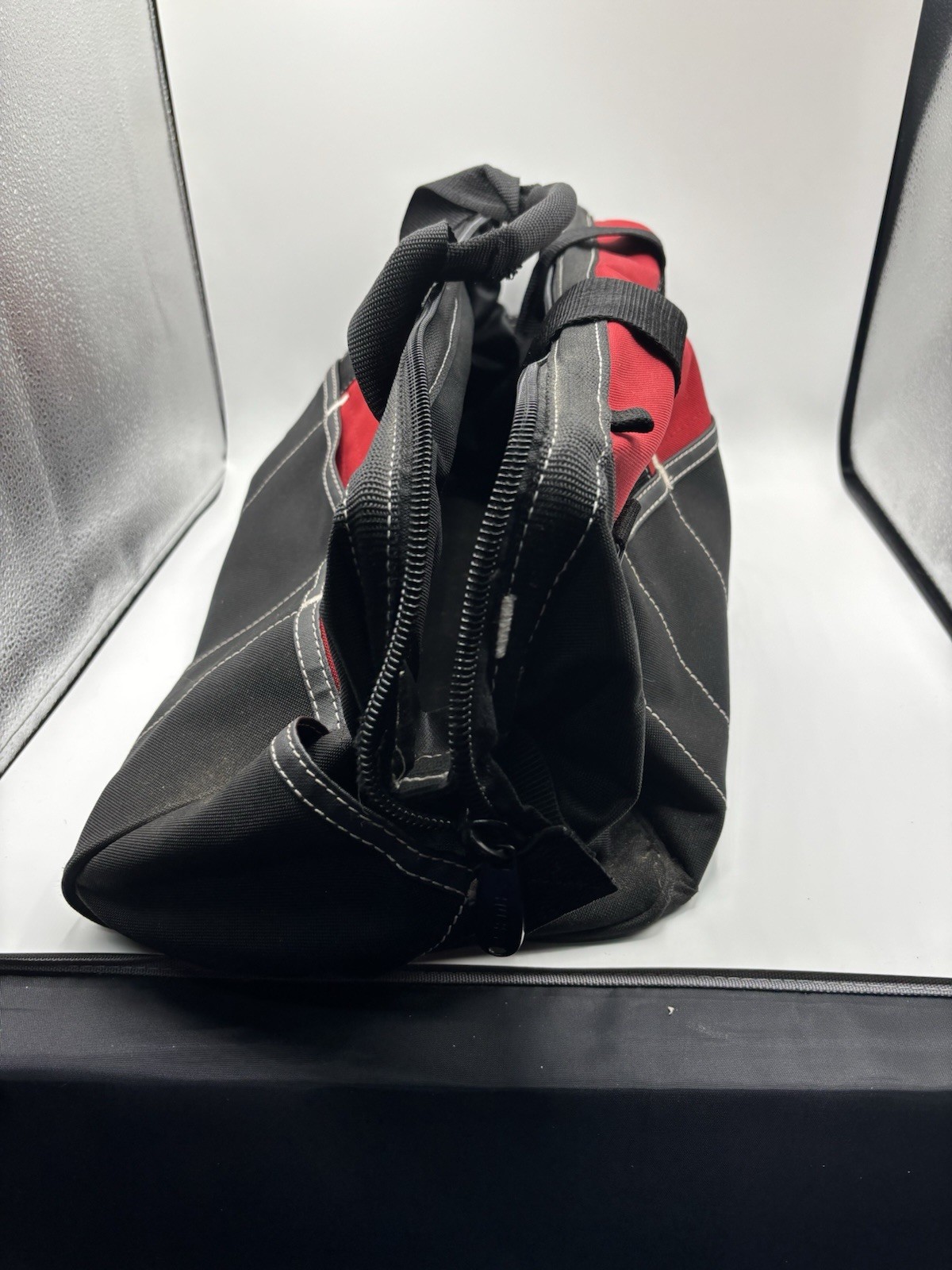 Husky Tool Bag Fabric Black Red Adjustable Strap Multiple 15 Pockets 20”