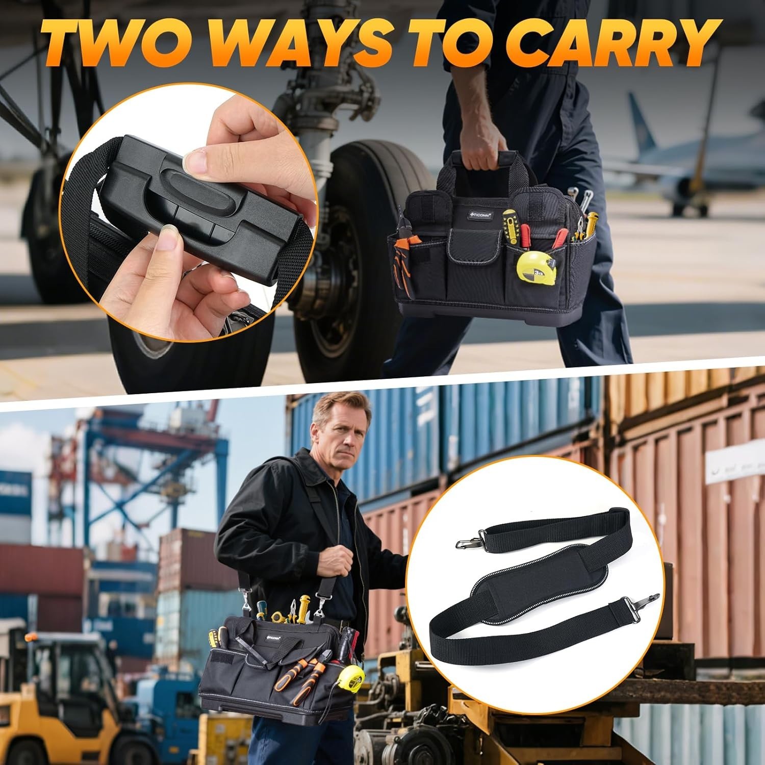 16″ Portable Tool Organizer Bag with Adjustable Strap & Ergonomic Handle – Black