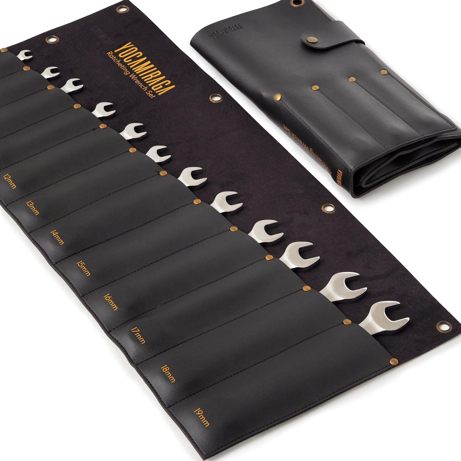 Metric Wrench Organizer, Black Synthetic Leather Wrench Roll Up Pouch, 12 Poc…