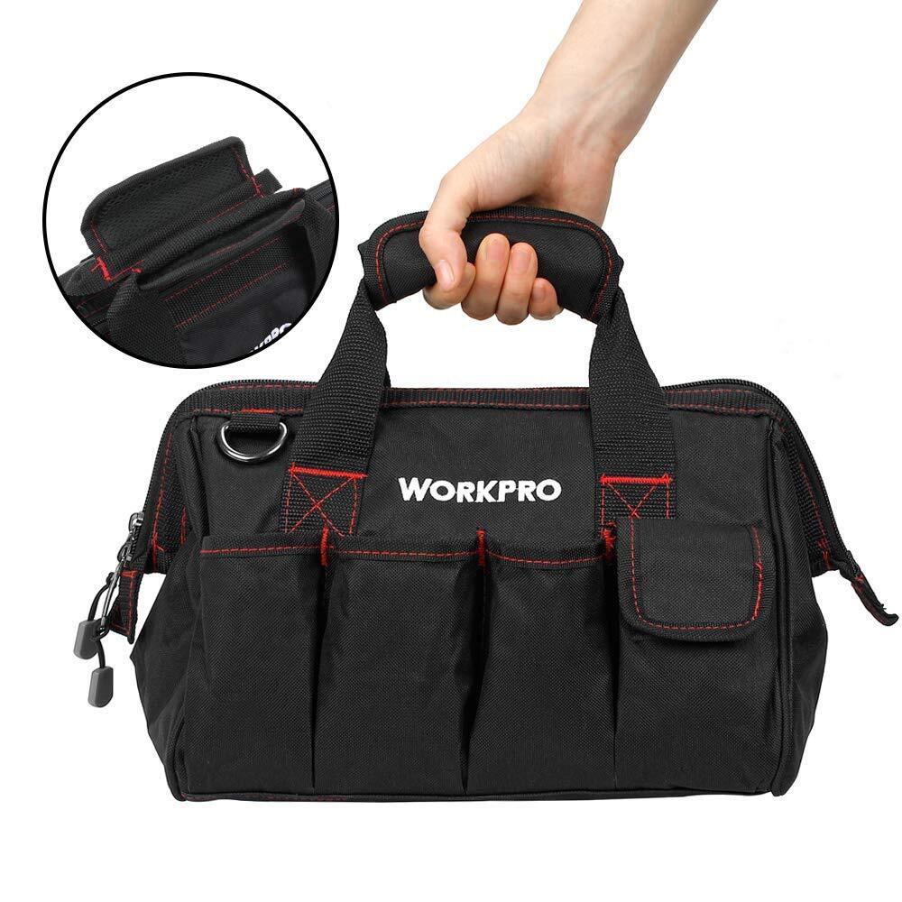 Workpro 12″ Compact Close Top Wide Mouth Storage Tool Bags 500D Polyester Fabric