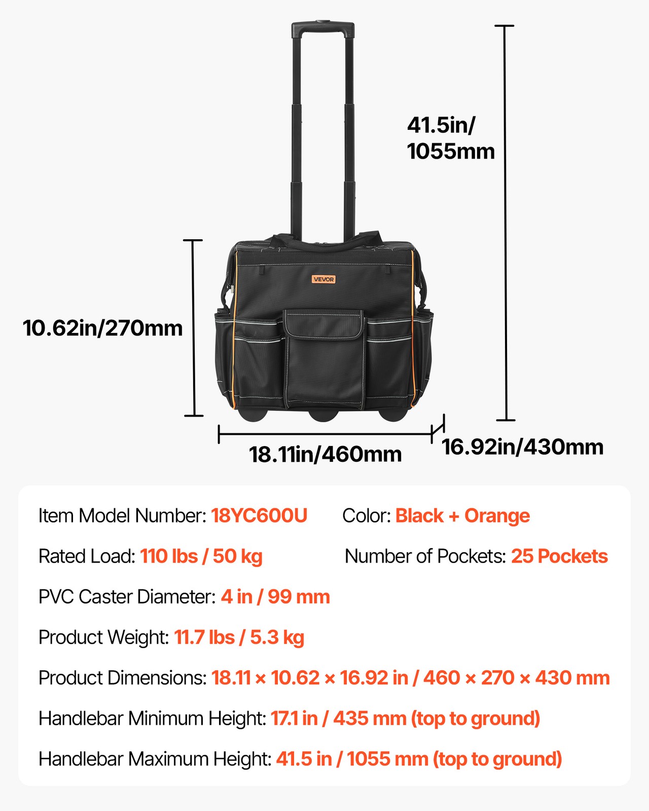 VEVOR Rolling Tool Bag 25 Pockets Heavy Duty Roller Tool Bag Telescoping Handle