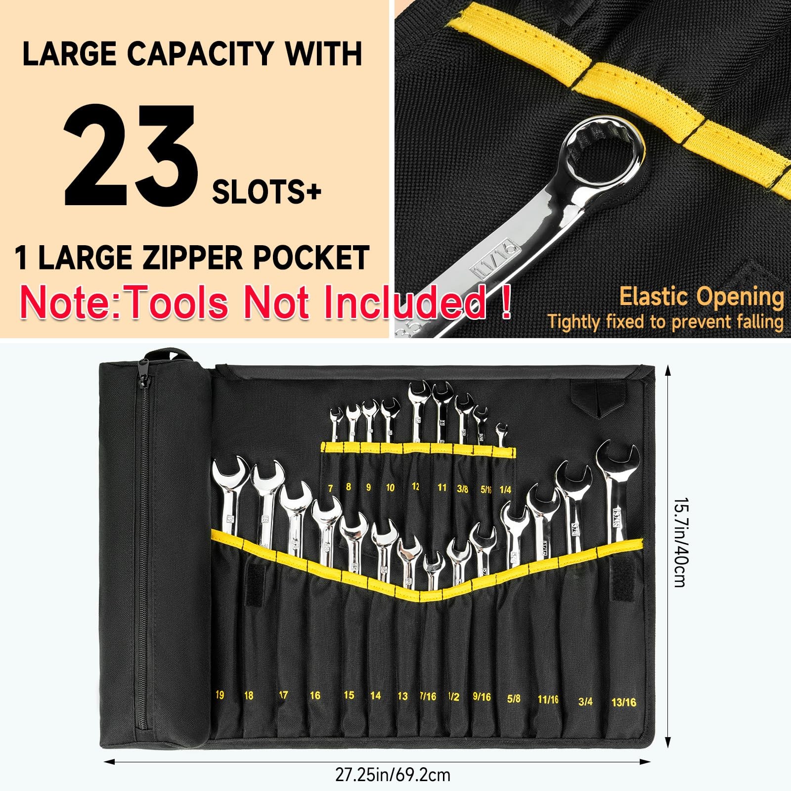 23+1 Pockets Wrench Roll Organizer Wrench Roll Up Pouch Heavy Duty Tool Roll for