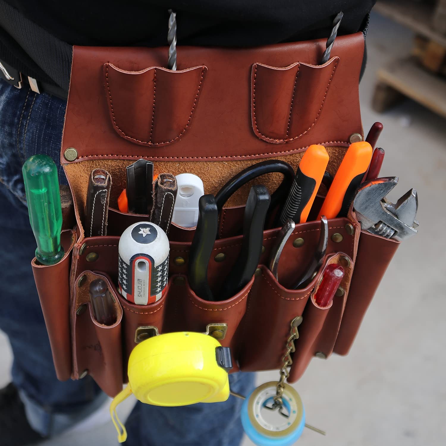 Leather Tool Pouch with Shoulder Strap, Belt Tool Organizer for Wrench Screwd…