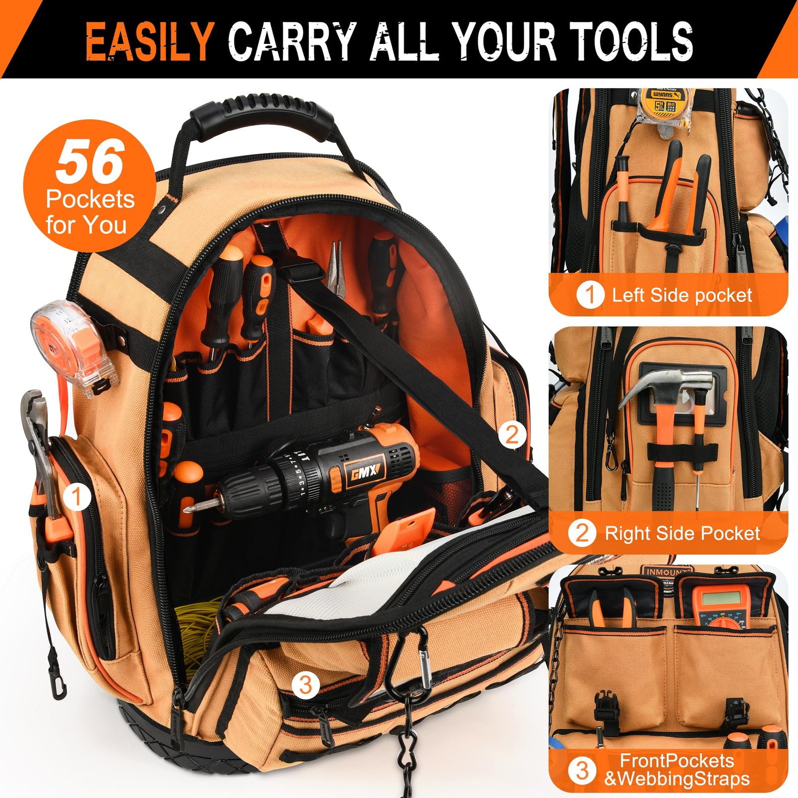 LOKASS Tool Backpack Heavy Duty with Molded Bottom, 1680D 56-Pocket Tool Bag …