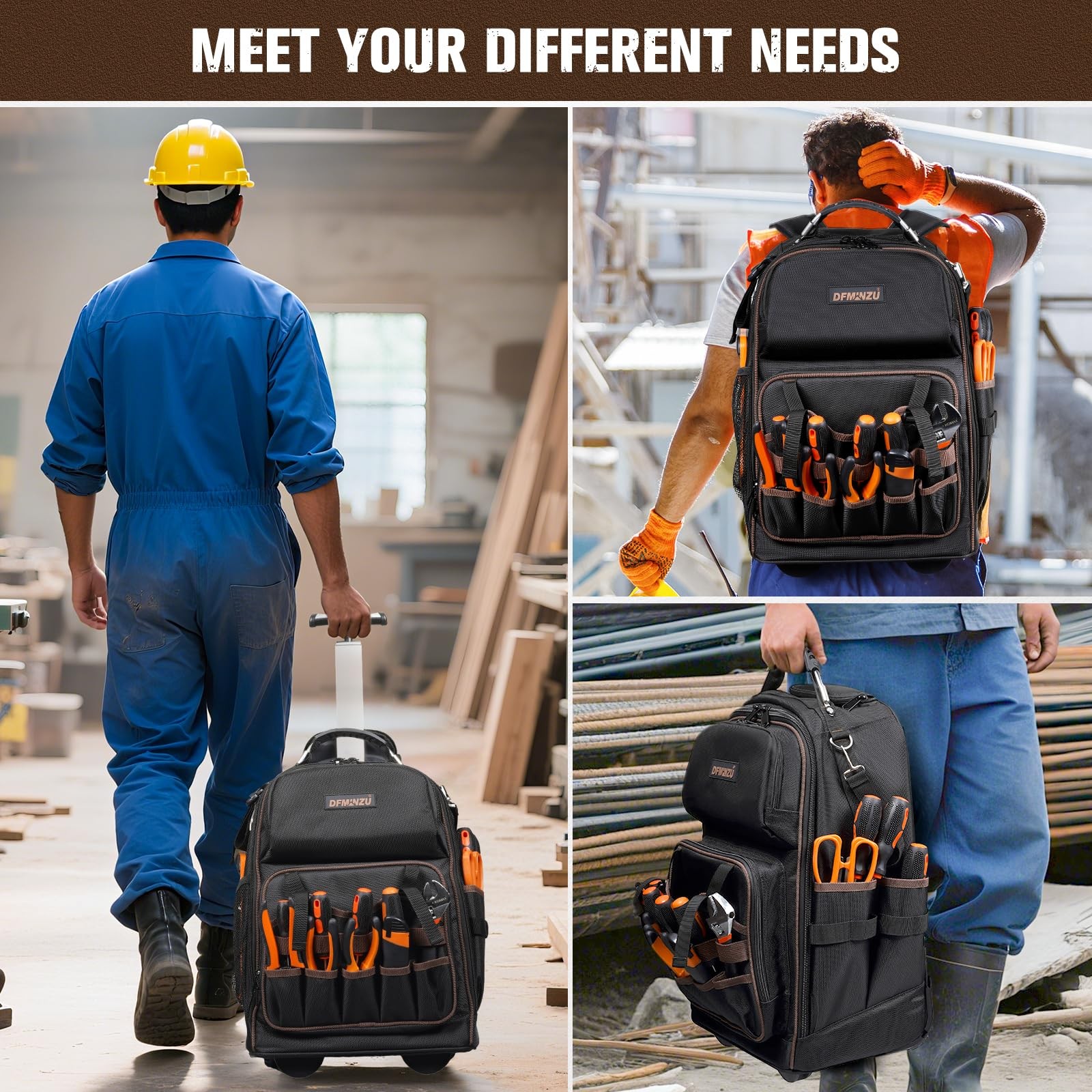 Rolling Tool Backpack Heavy Duty, 43 13.8″ x 8.7″ x 18.5″, ‎Black-Brown