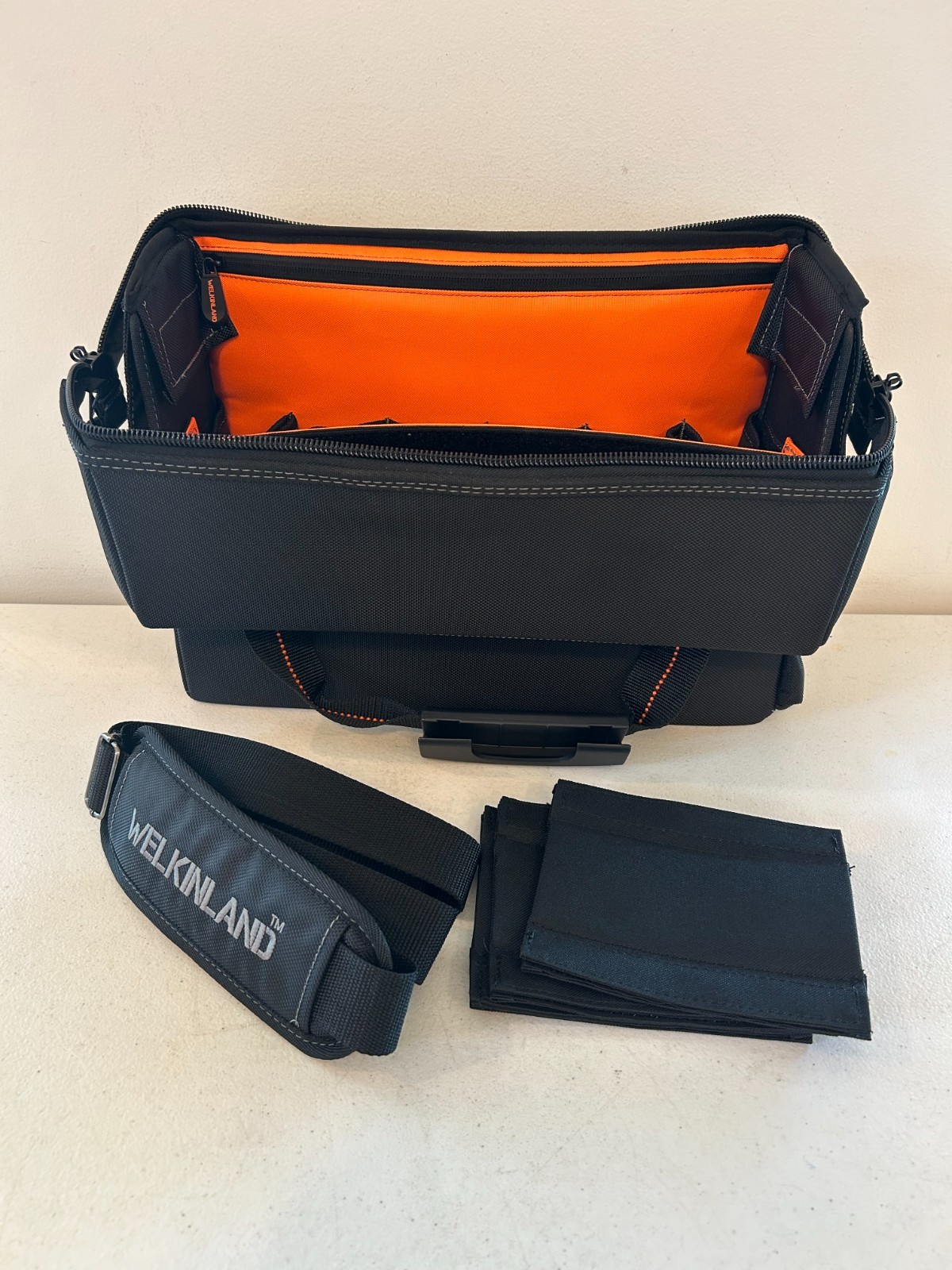 WELKINLAND 15-Pockets Electrician Tool Box Shoulder Tote Bag Large Black Orange