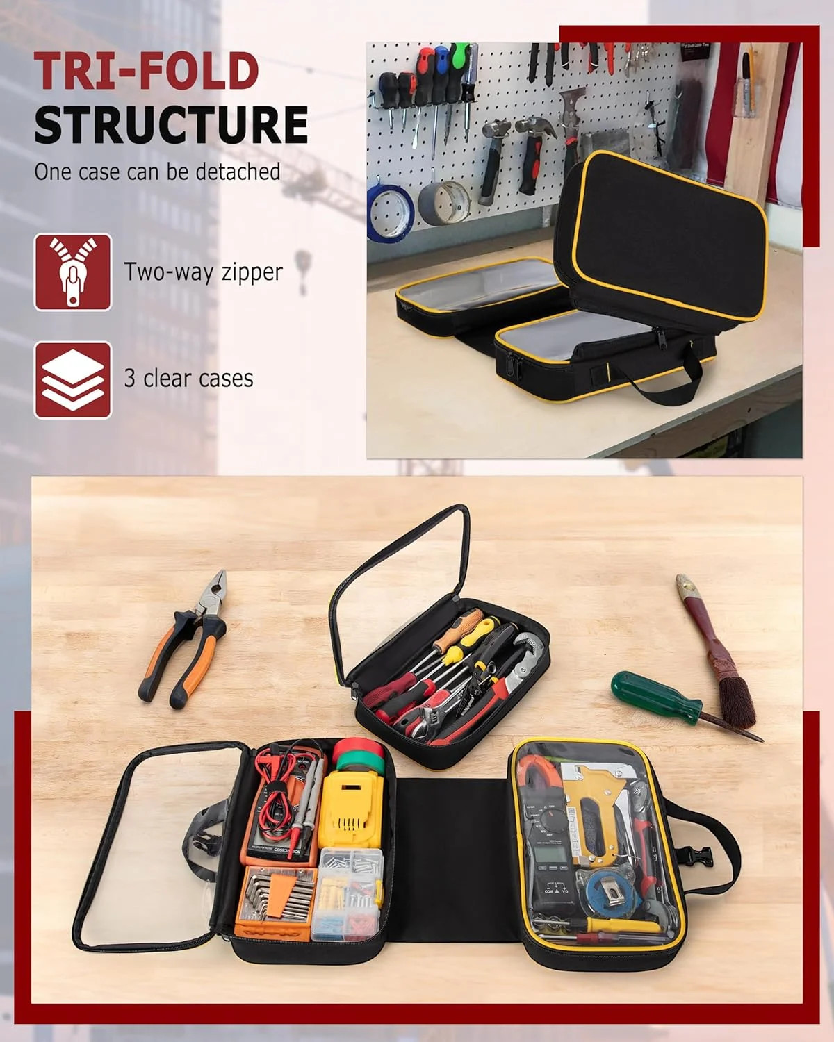 Roll Up Tool Bag with 3 Clear Window Cases (One Detachable), Tri-fold Tool Bag..
