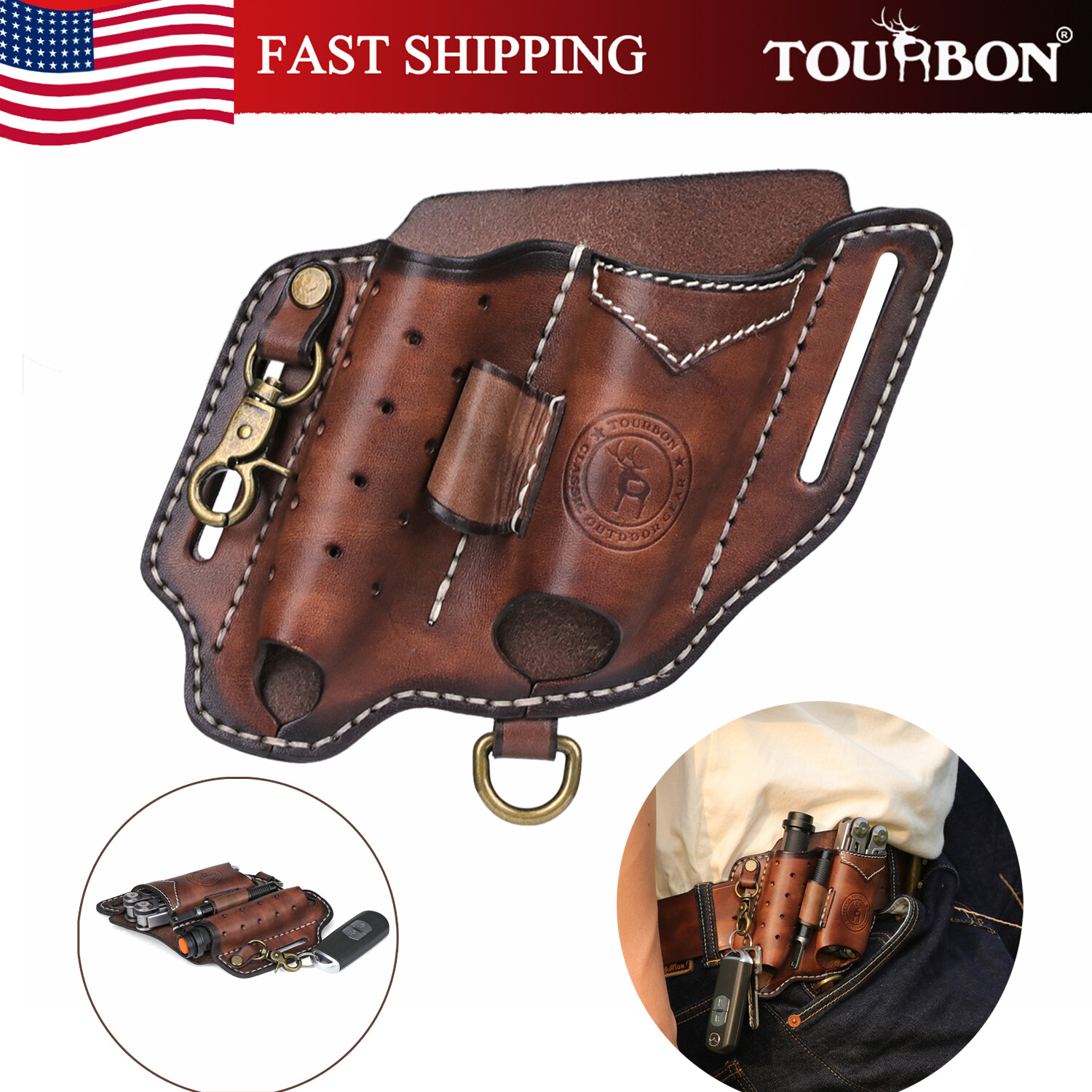 TOURBON Leather 4-in-1 Tool Belt Holster EDC Multitool Flashlight Sheath Utility