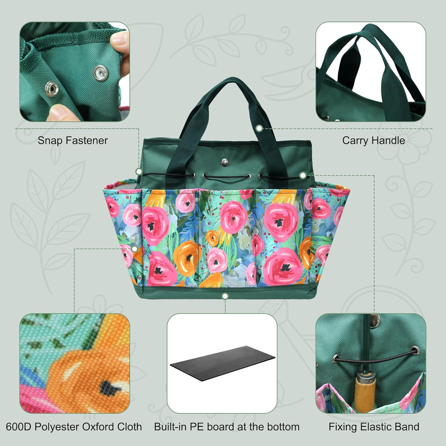 Waterproof Garden Tool Bag, 600D Oxford Portable Gardening Tote with Handle & Mu