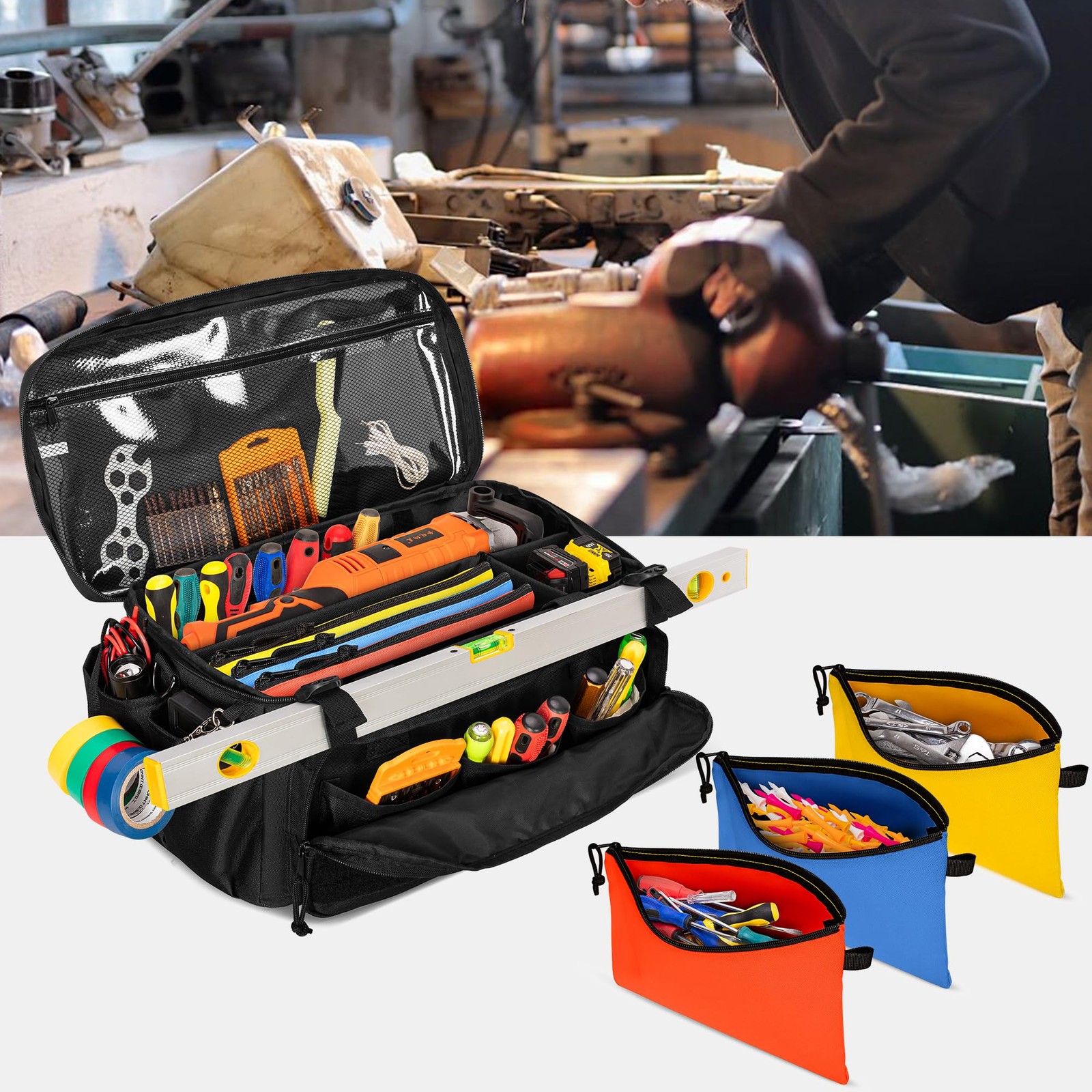 17-Inch Tool Bag with 3 Tool Pouches, Tool Storage Organizer for Men with Ant…