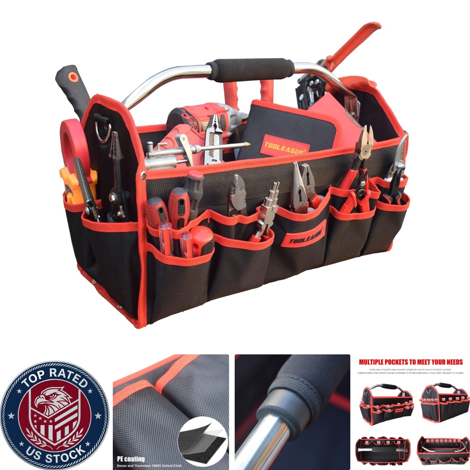 Heavy Duty 19-Inch Multi-Pocket Tool Bag with Waterproof Base – 26 Compartments