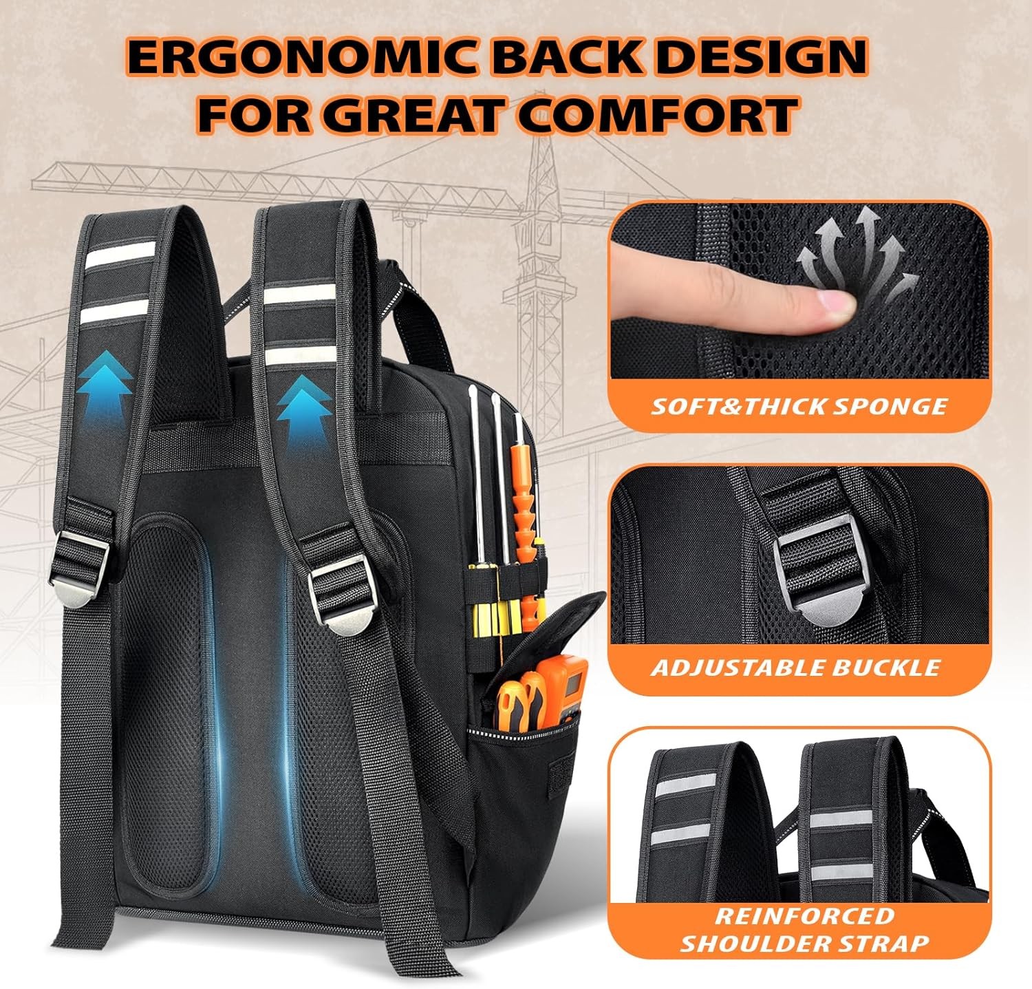 Jjring Tool Bag Backpack For Men With 18 Tool Pockets, Heavy-Duty Tool Organizer