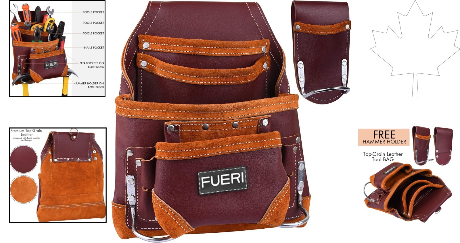 Durable Maroon Leather Tool Rig with Padded Comfort & 10 Organizational Pockets