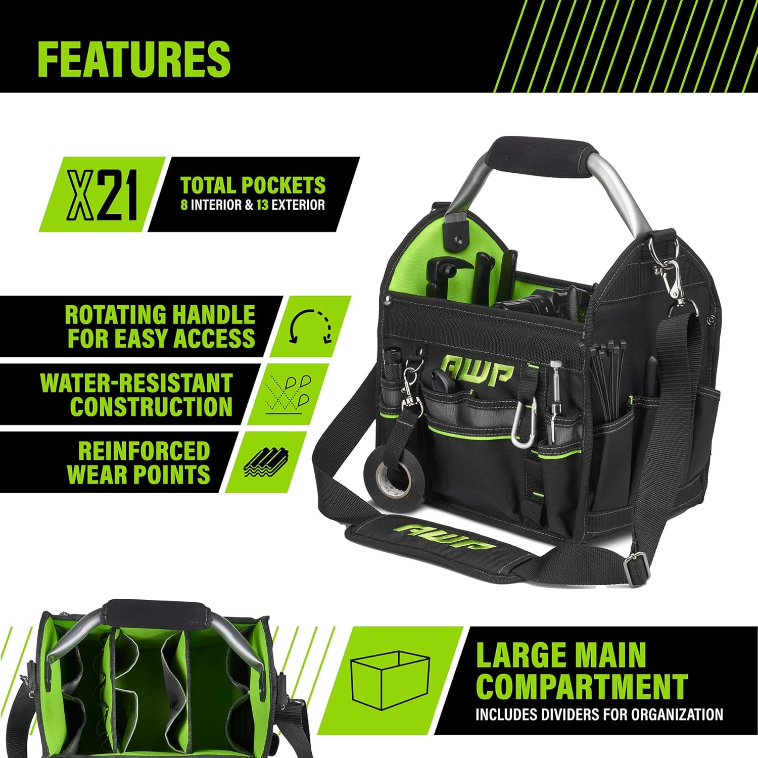 12 Inch Pro Tool Tote with Rotating Handle for Easy Tool Access, Water-Resistant