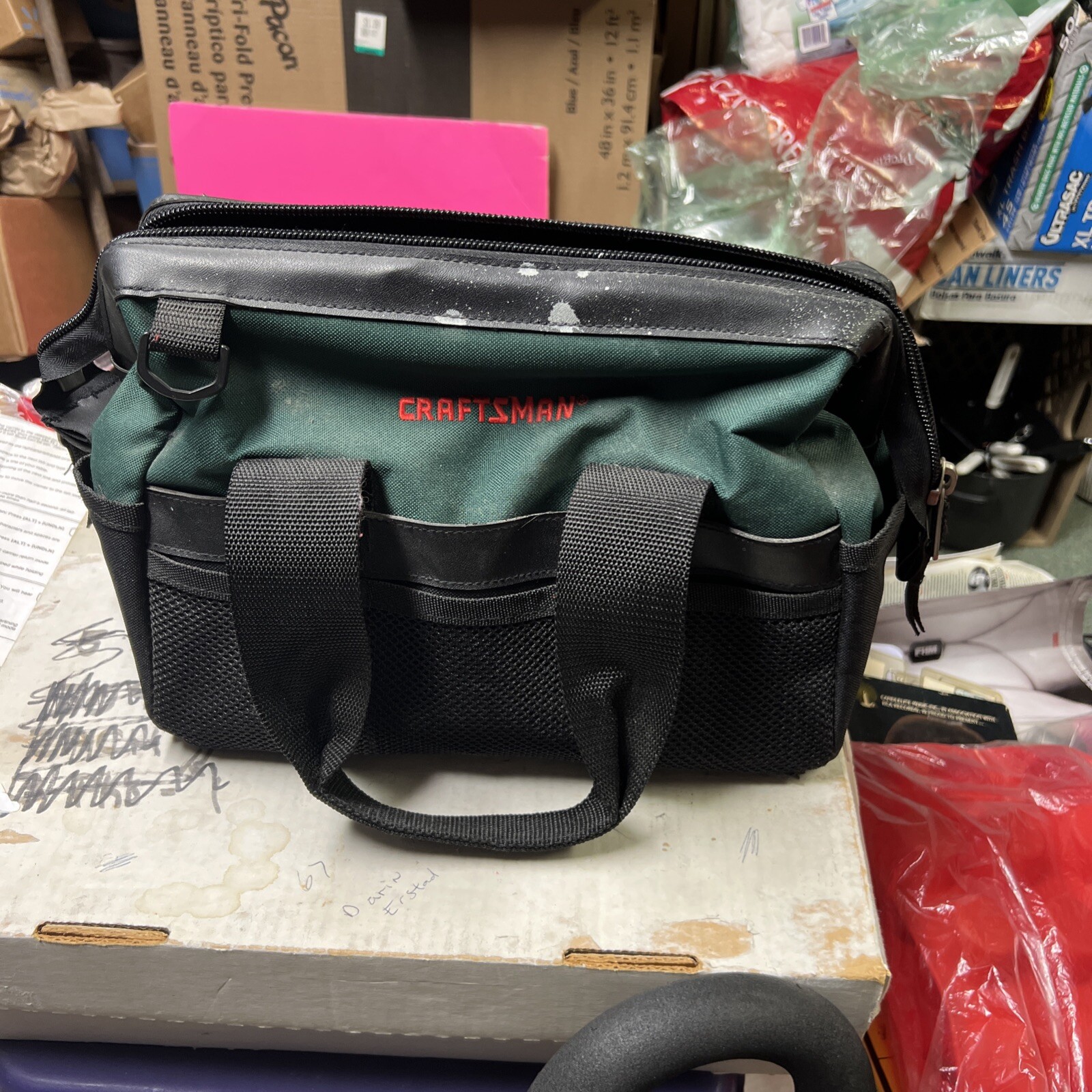 Vintage Craftsman Green & Black Canvas Wide Mouth Pockets Zipper Tool Bag