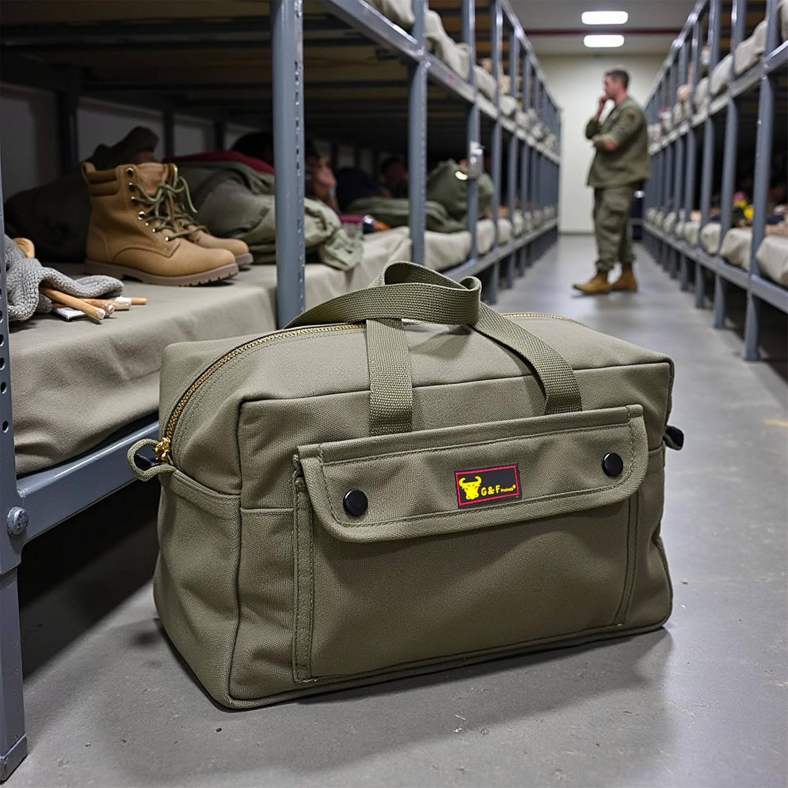 Waxed Canvas Military Duffle Bag, WaterResistant, Adjustable Strap, Double Zi…