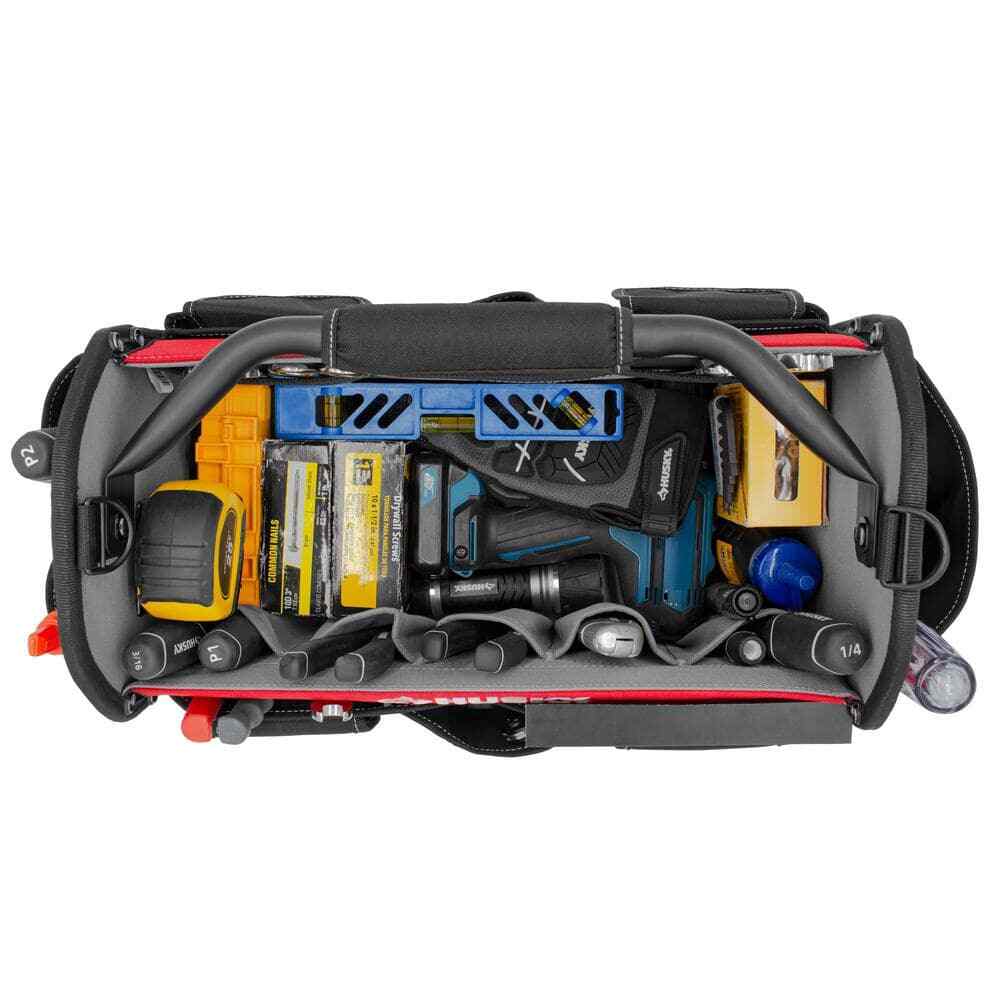 17 in. Open Top Weather Resistant Tool Tote Bag in Red with 18 total pockets and