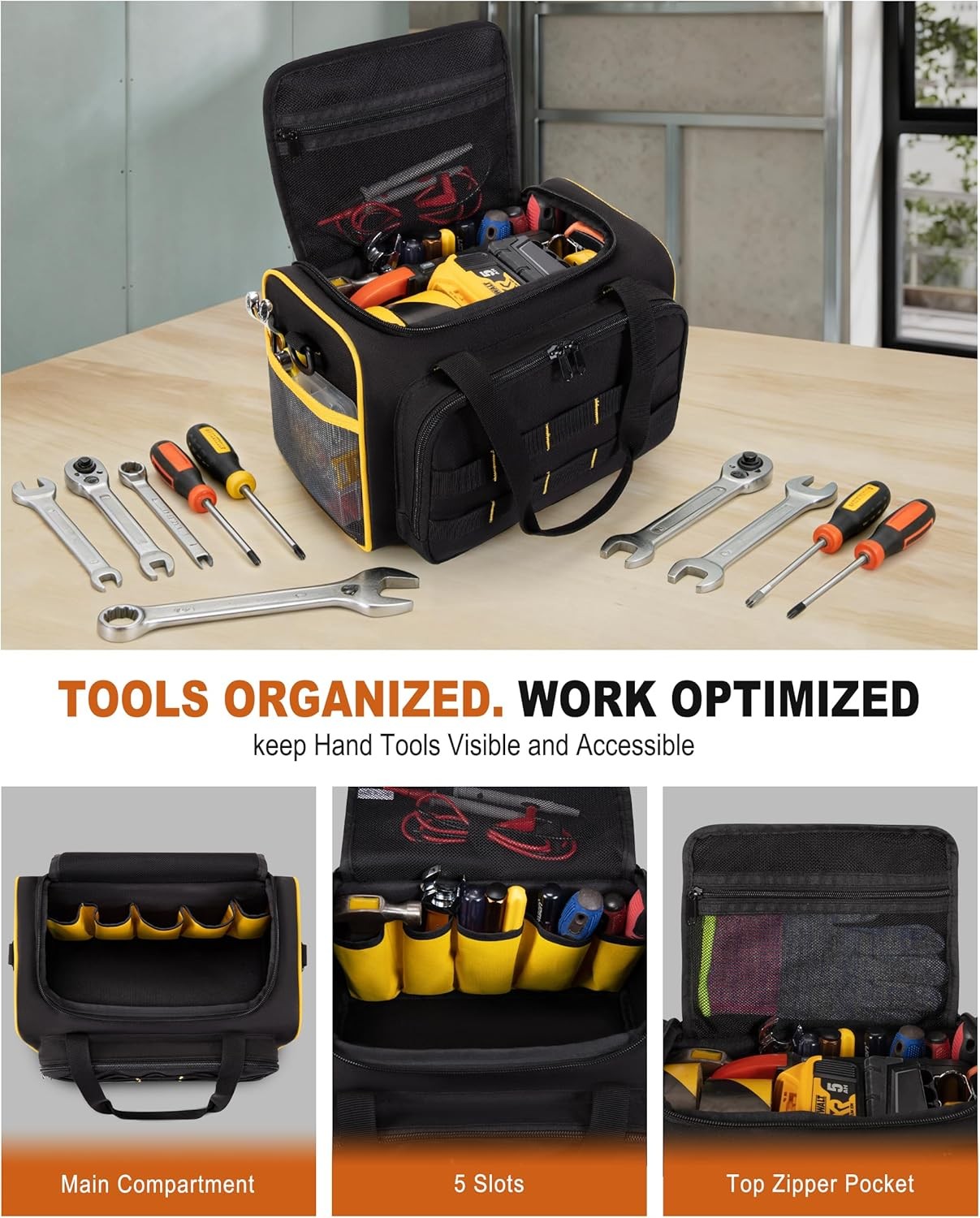 12-Inch Tool Bag with Multiple Pockets Heavy Duty Tool Tote for Men Black