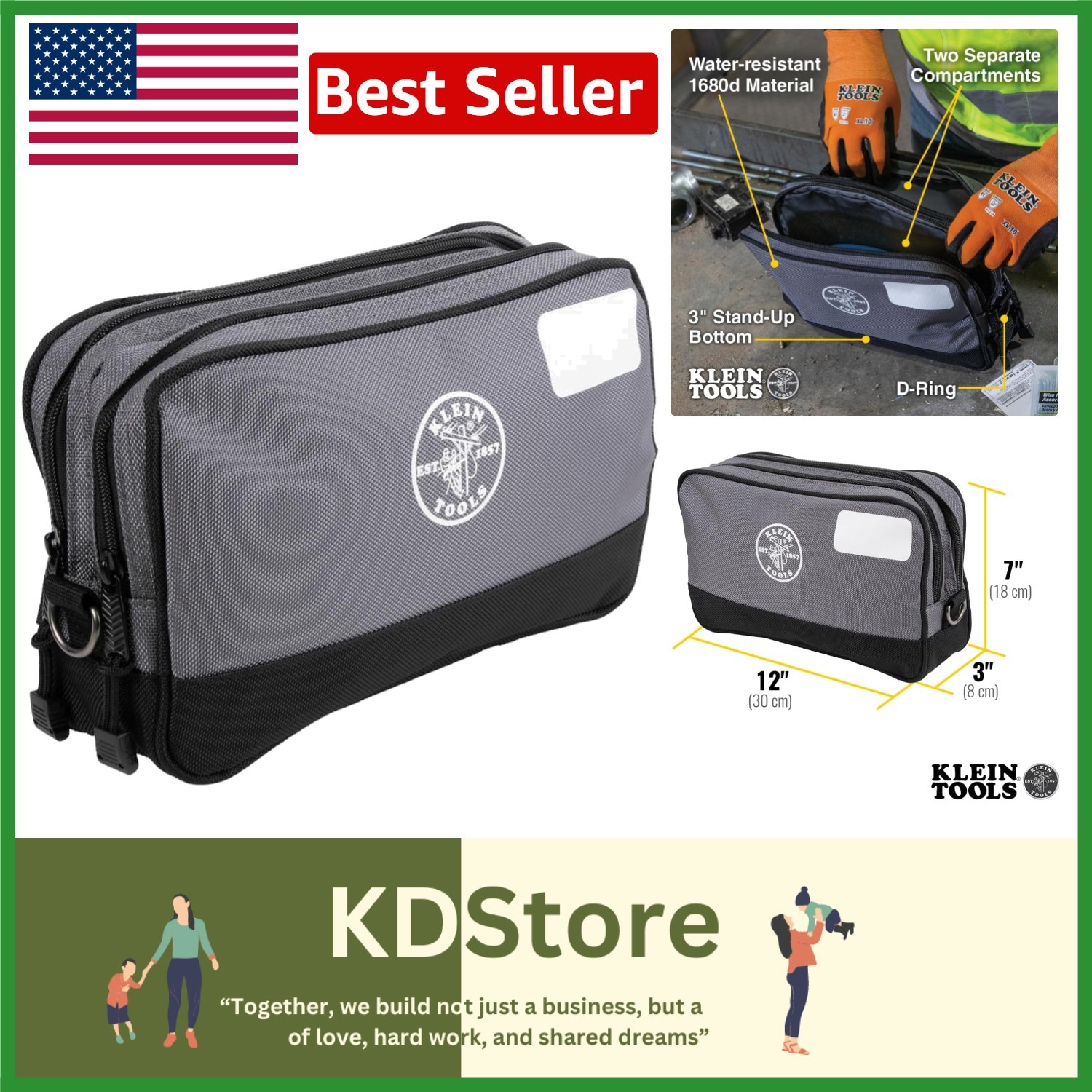 Water-Resistant Tool Pouch with D-Rings – 12”L x 7”H for Easy Access