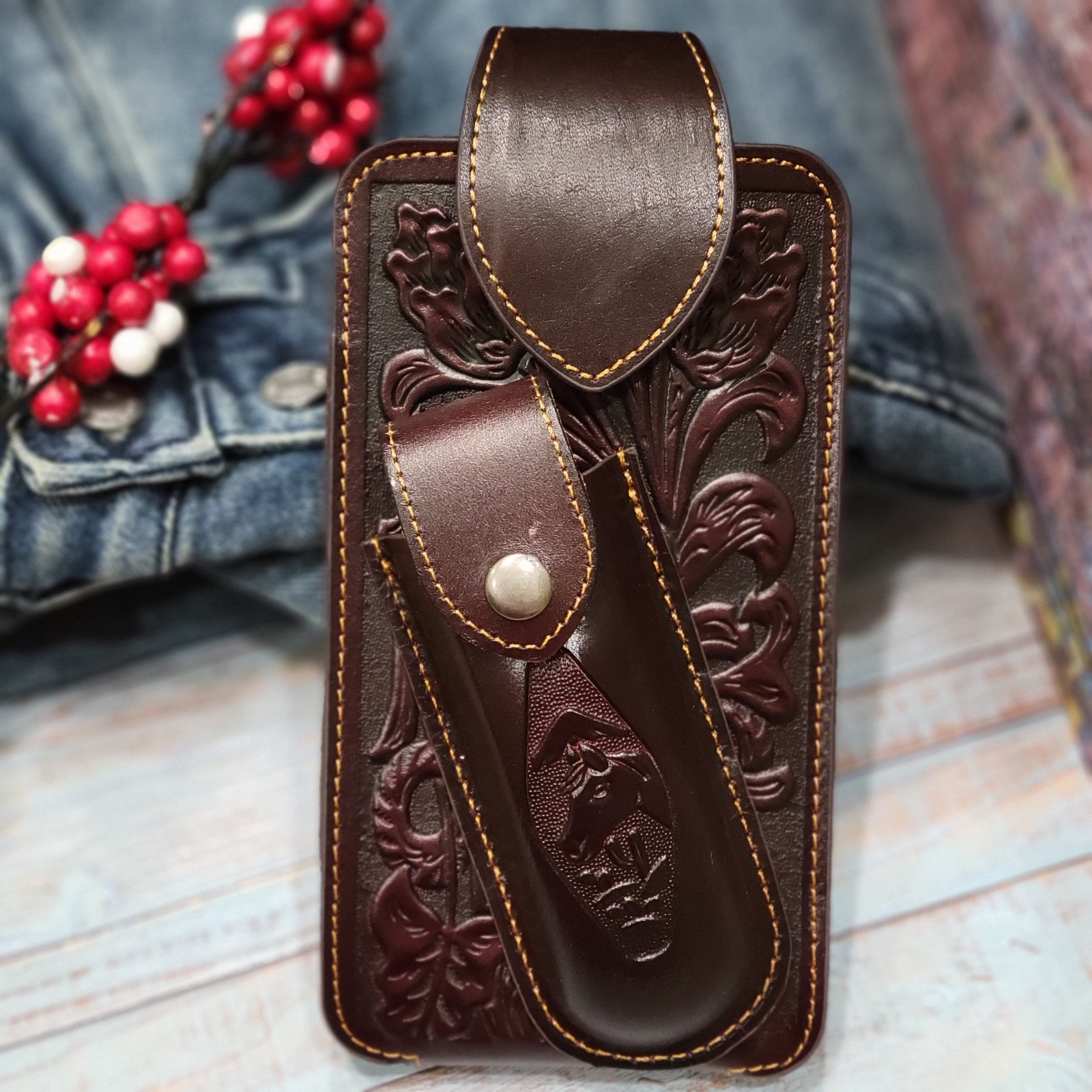 Horse Leather Phone Holstor With Knife Sheath & Belt Clip Sz LARGE 7×4″