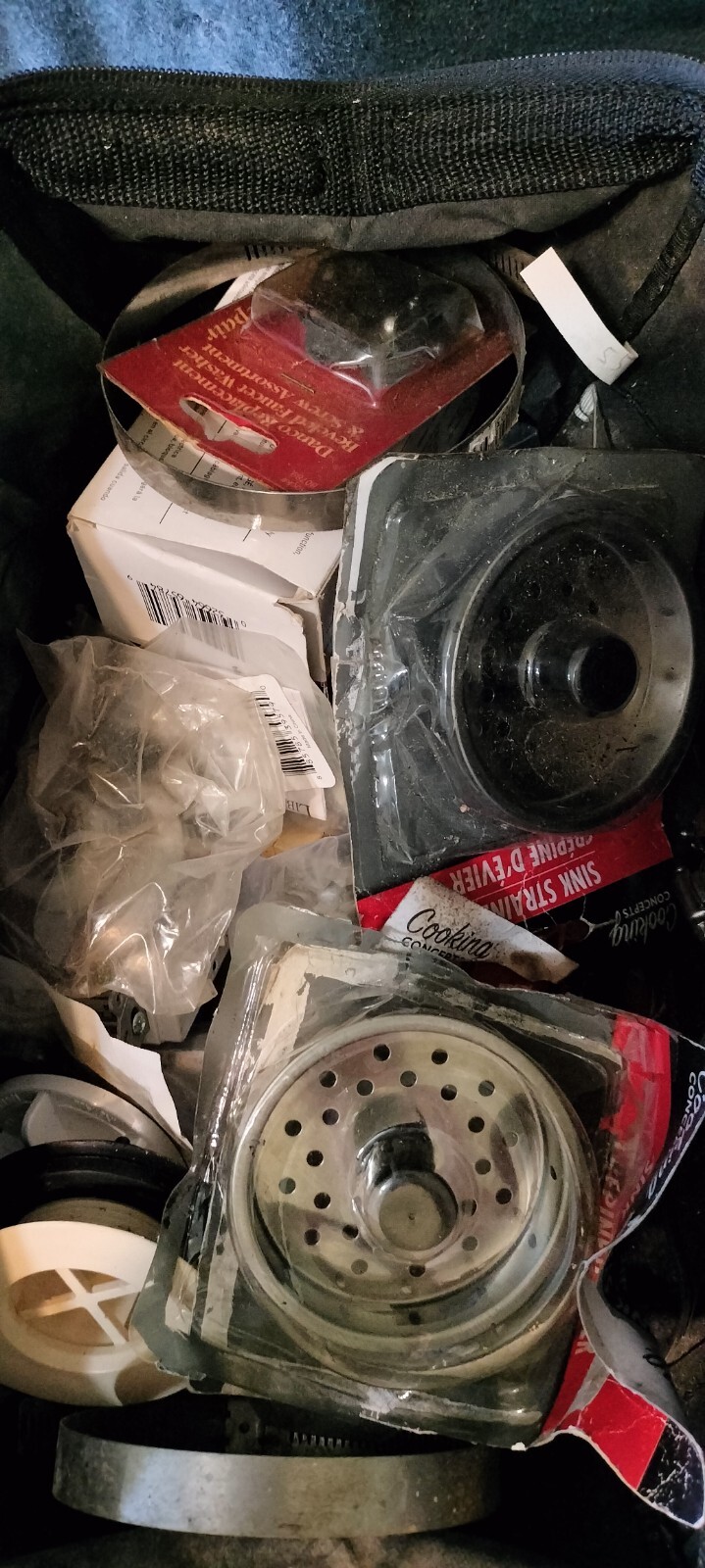 Assorted household items with tool bag.