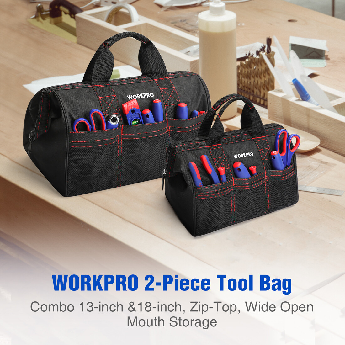 WORKPRO 2-Pack 18″ 13″ Heavy Duty Tool Bag Case Zip Top Wide Open Mouth Storage