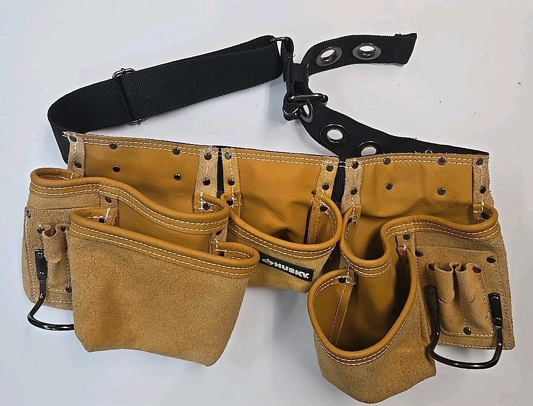 Husky Leather Tool Carpenter Belt Metal Hammer Holders 6 Pouches Pockets