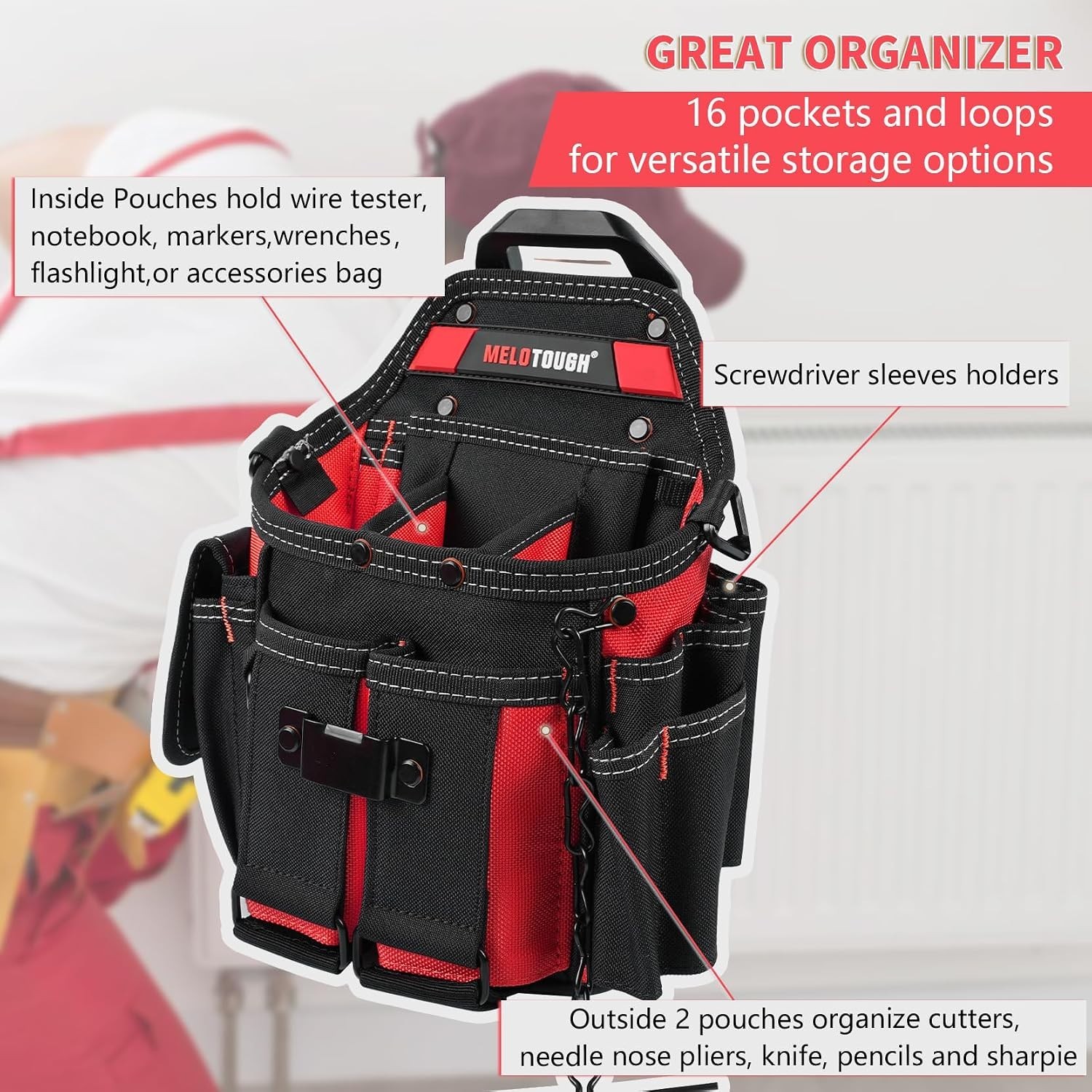 Professional Tool Pouch with Removable Shoulder Strap – 16 Pocket Organizer