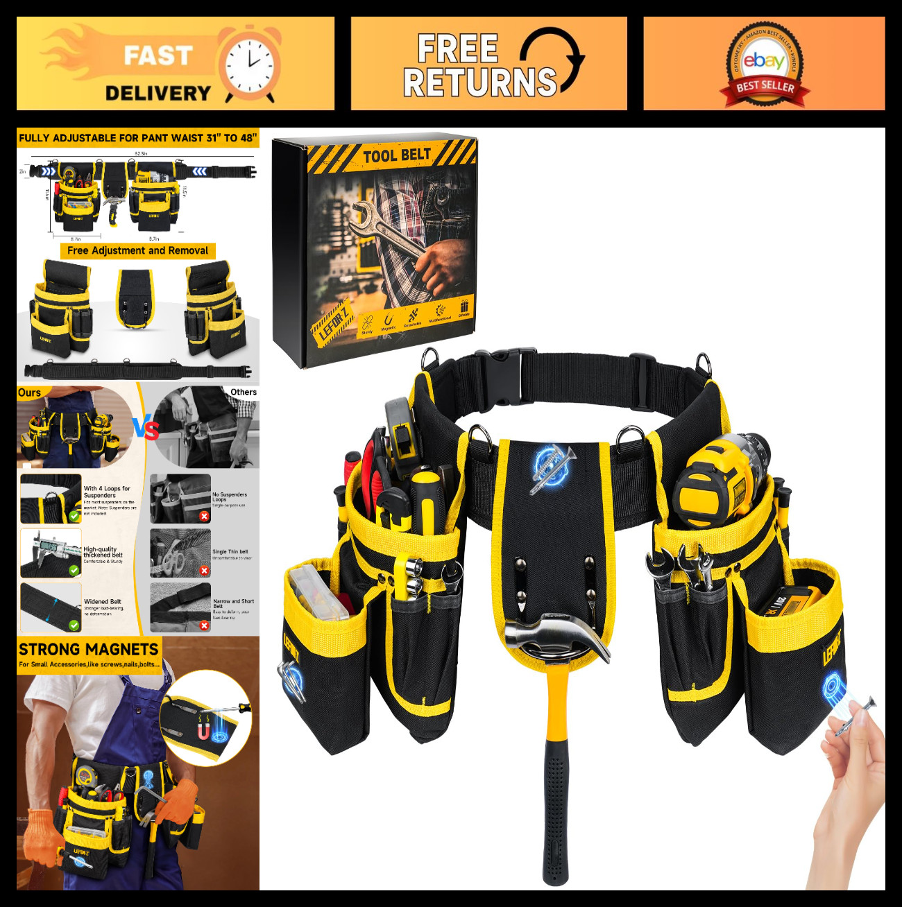 Heavy Duty Tool Belt with 4 D-Rings & 27 Pockets, Adjustable Utility Belt for El