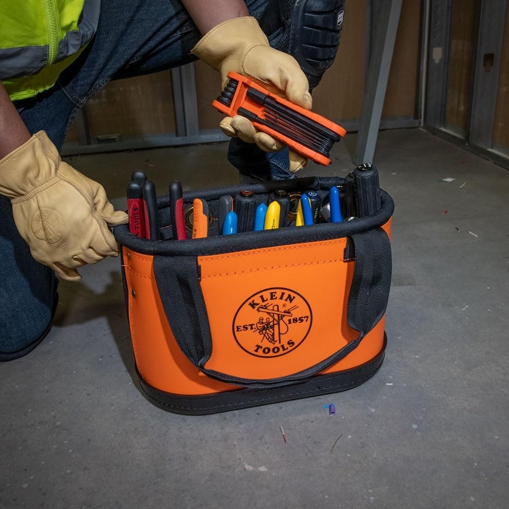 Hard-Body Oval Tool Bucket Organizer with Knife Sheath & 14 Pockets – Orange/Bla