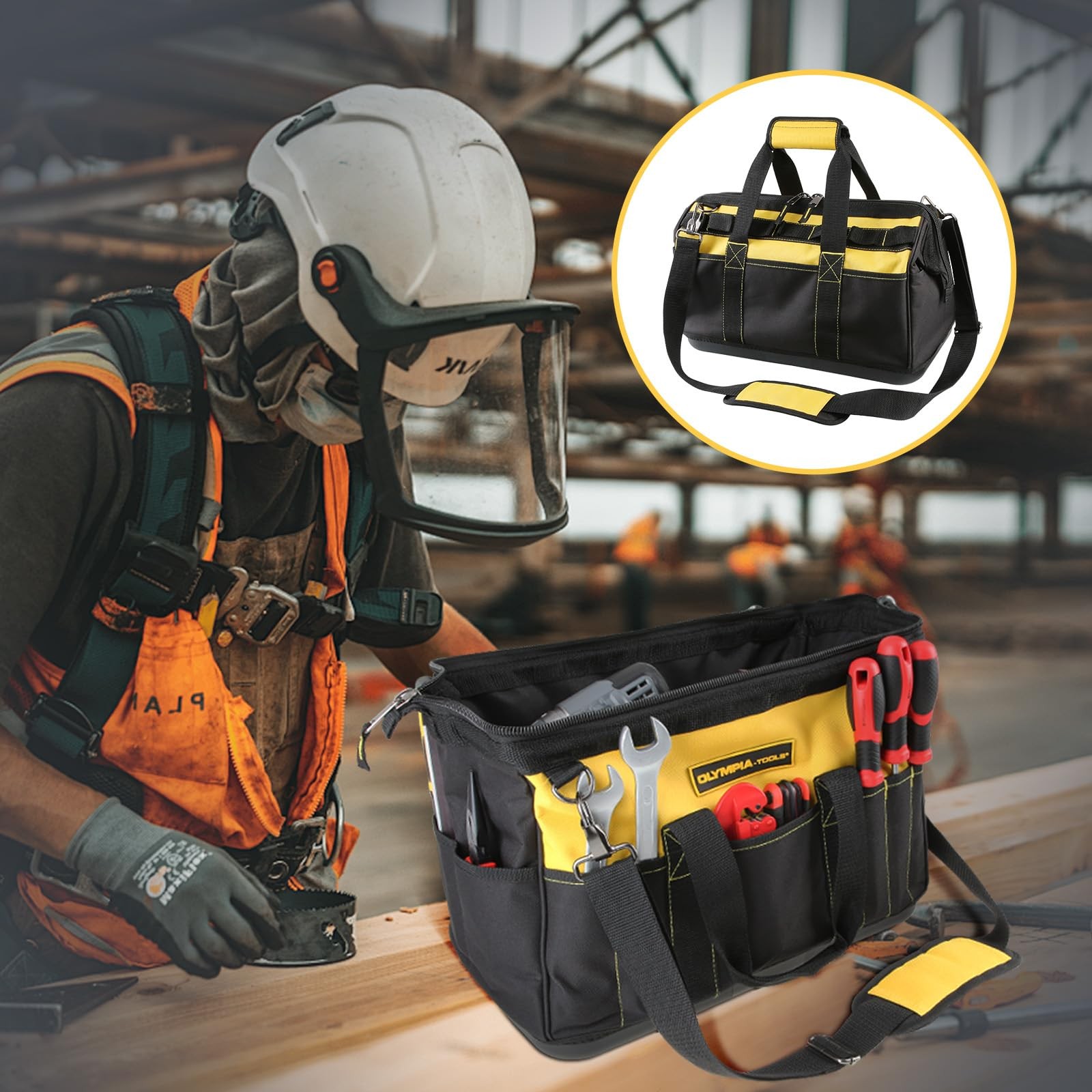 S 16 Inch Wide Mouth Tool Bag Molded Waterproof Base With 21 Pockets And 7 Belt