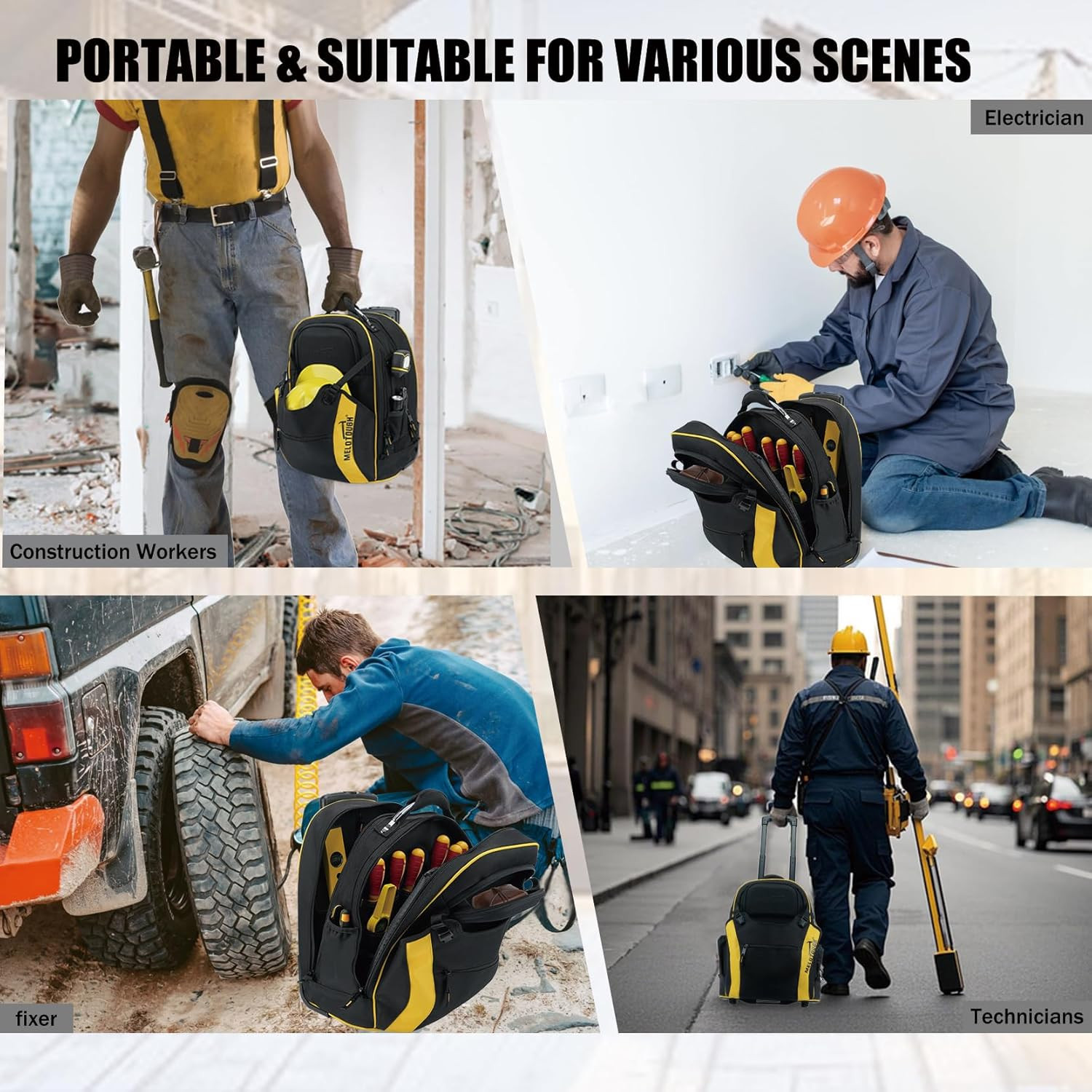 Wheeled Tool Backpack with 35 Pockets & Laptop Sleeve – Water Resistant Yellow