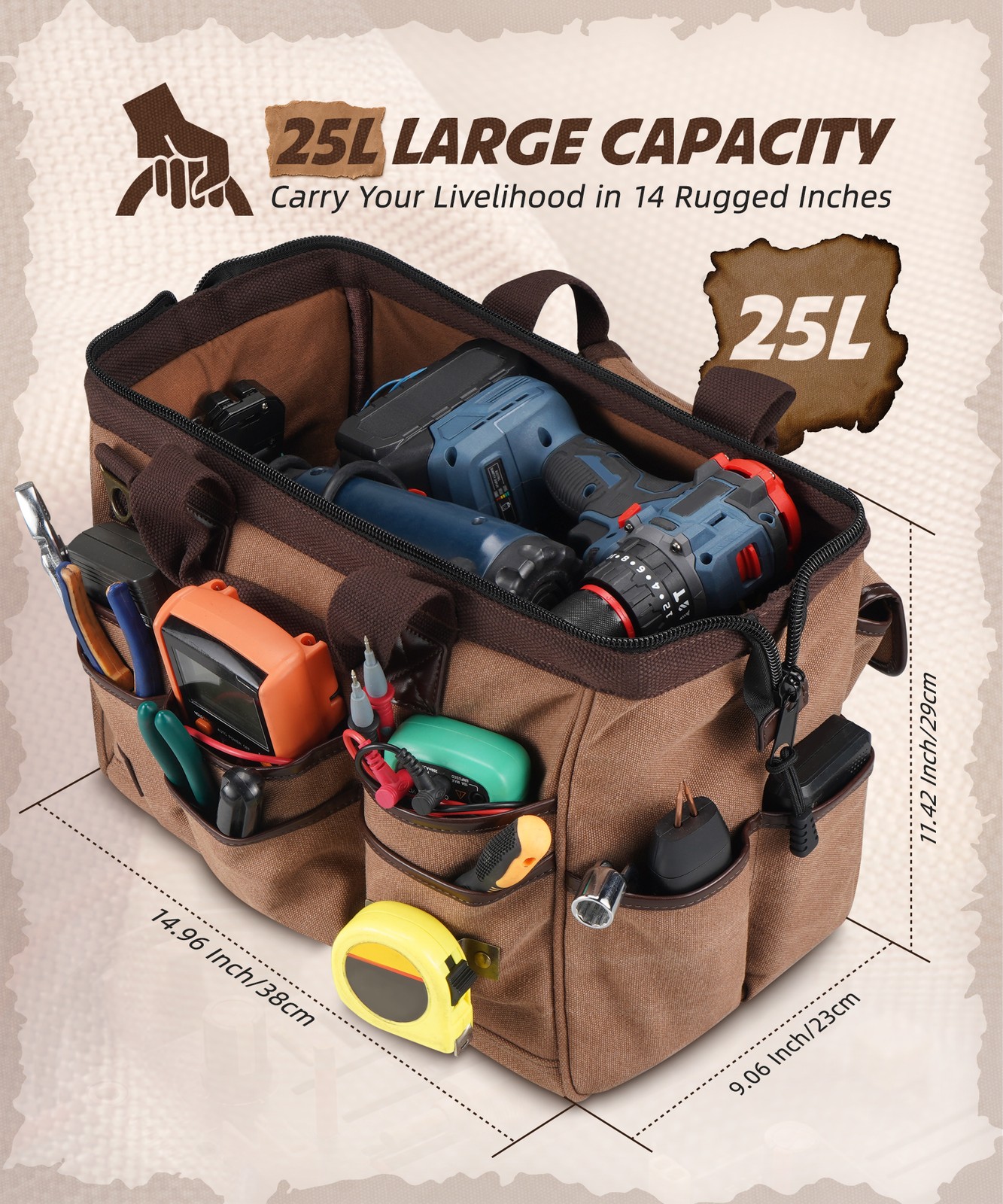 Canvas Large Electrician Tool Storage Bag Large-Opening Tool Bag Tote Crossbody
