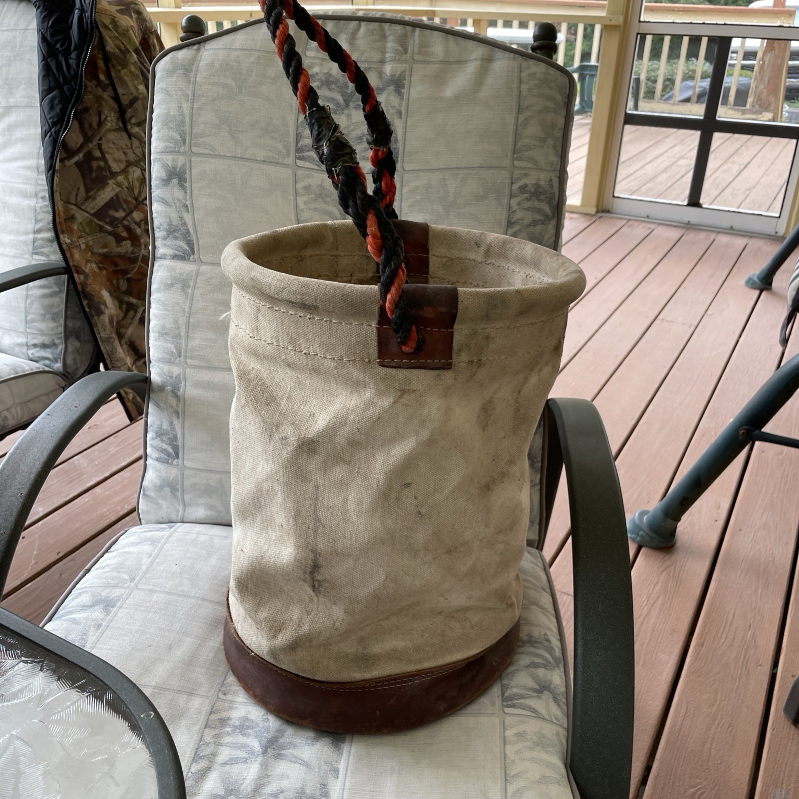 Vintage Klein Tools 5104 Canvas Leather Bucket 15” Lineman Tool Bag Rope Handle