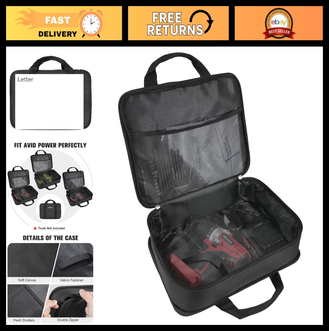 12″ Tool Storage Bag – Soft Canvas Carrying Case for Cordless Drill & Tools, Mes