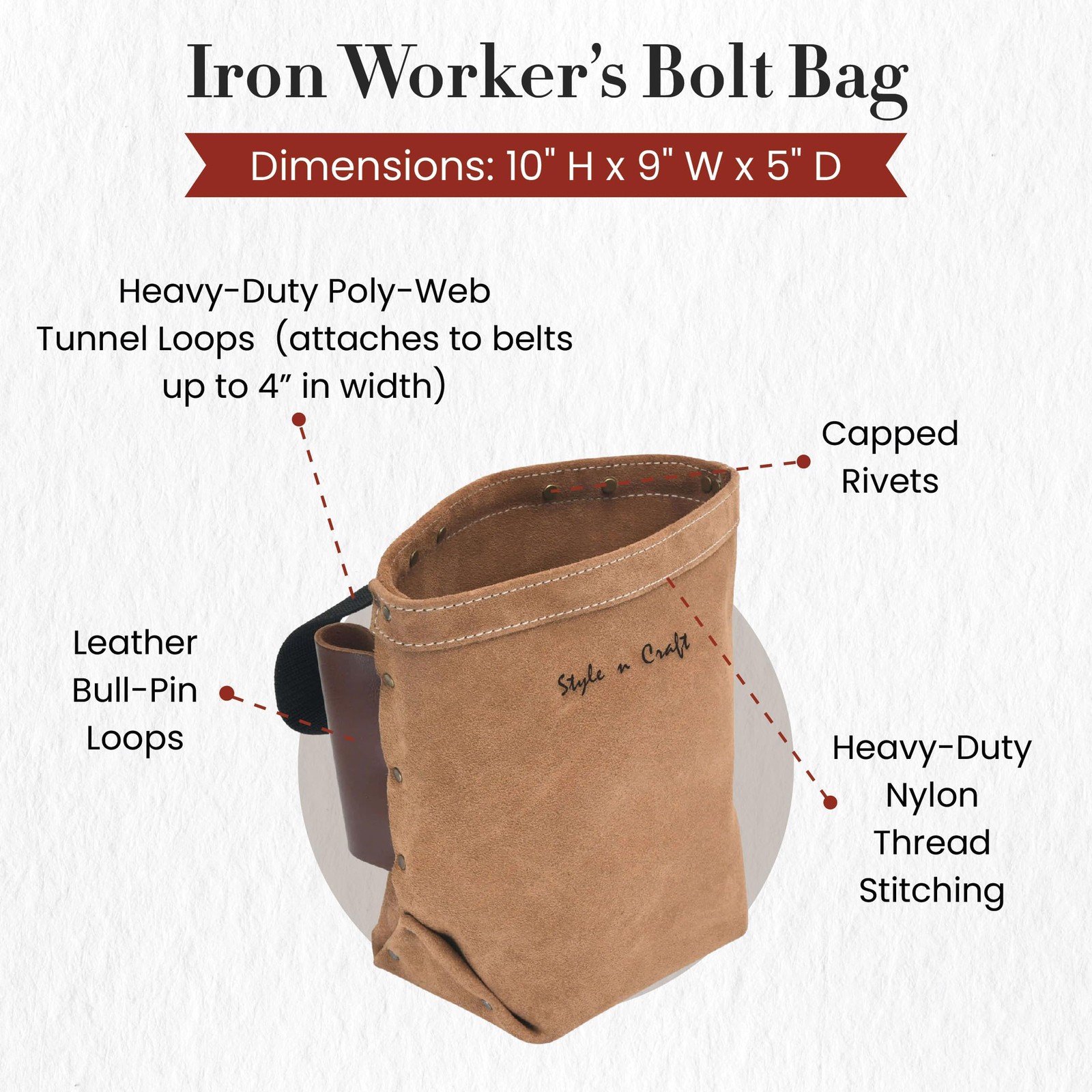 Style N Craft Iron Workers Bolt Bag Double Bull Pin Leather Loops Heavy-Duty